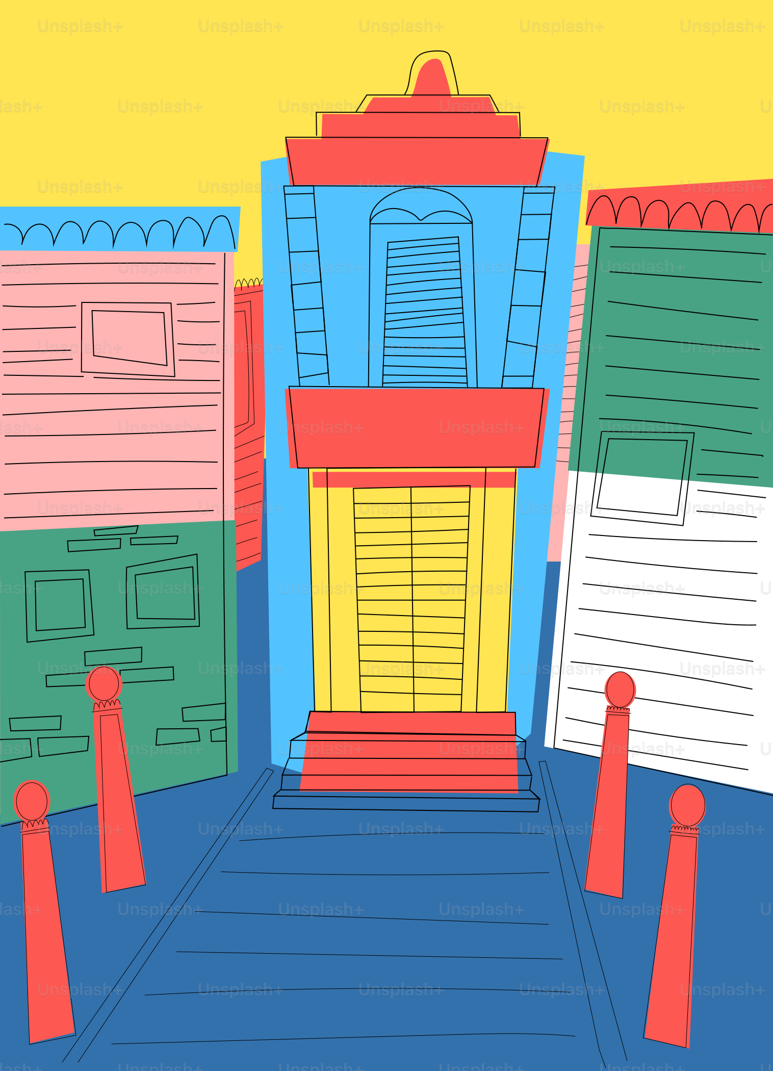 Colorful abstract buildings on a street with red stanchions.