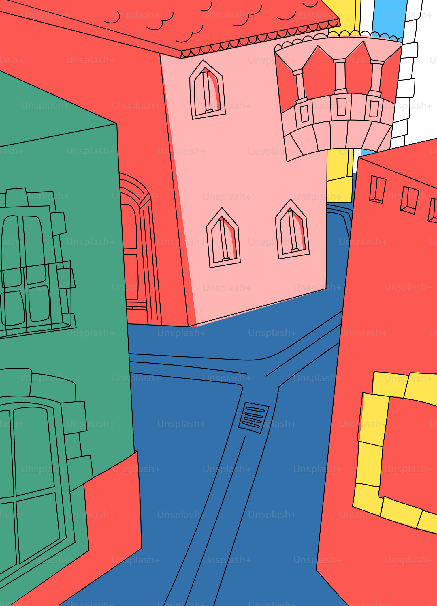 a drawing of a building with a red roof