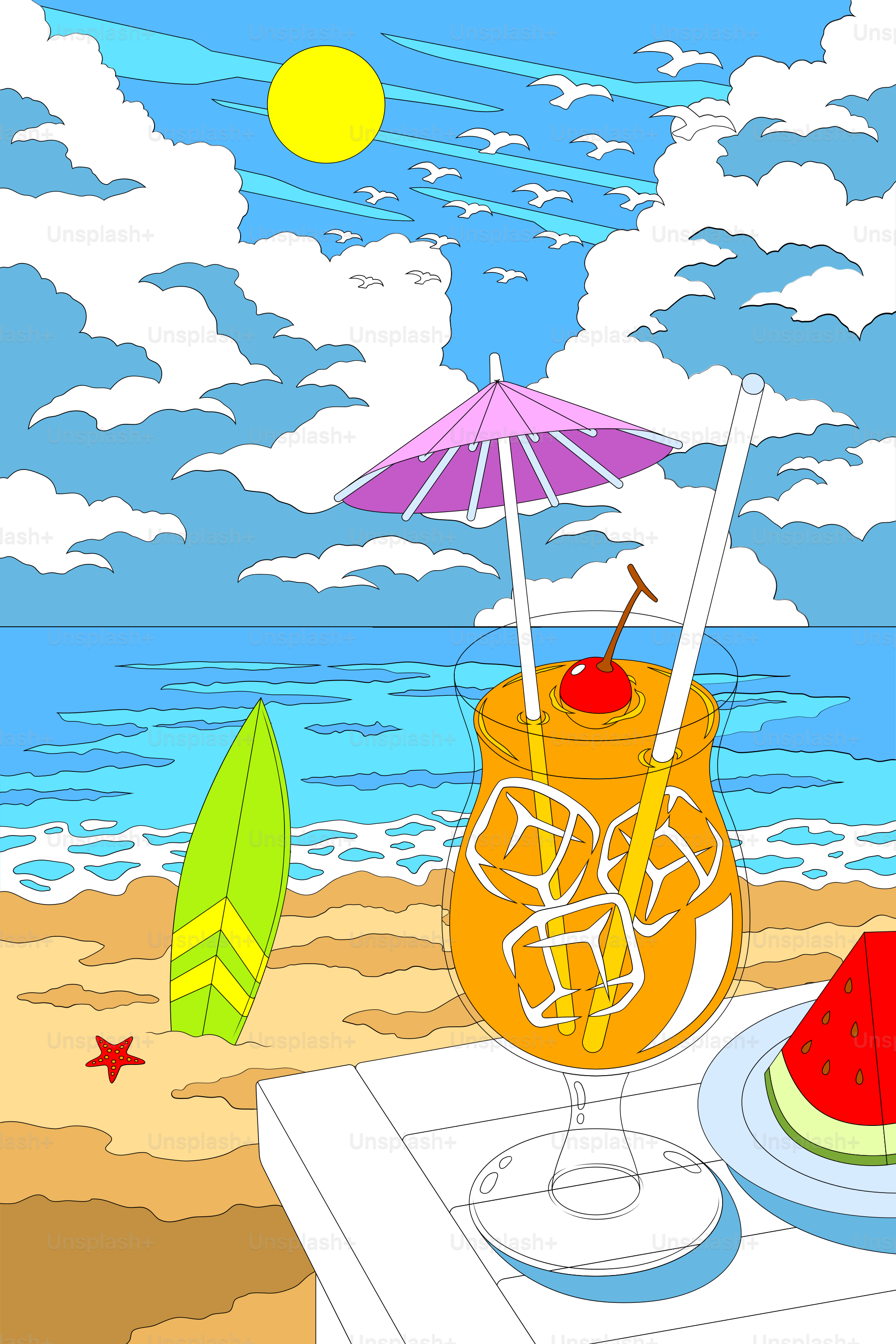 A refreshing tropical drink on a beach with watermelon.