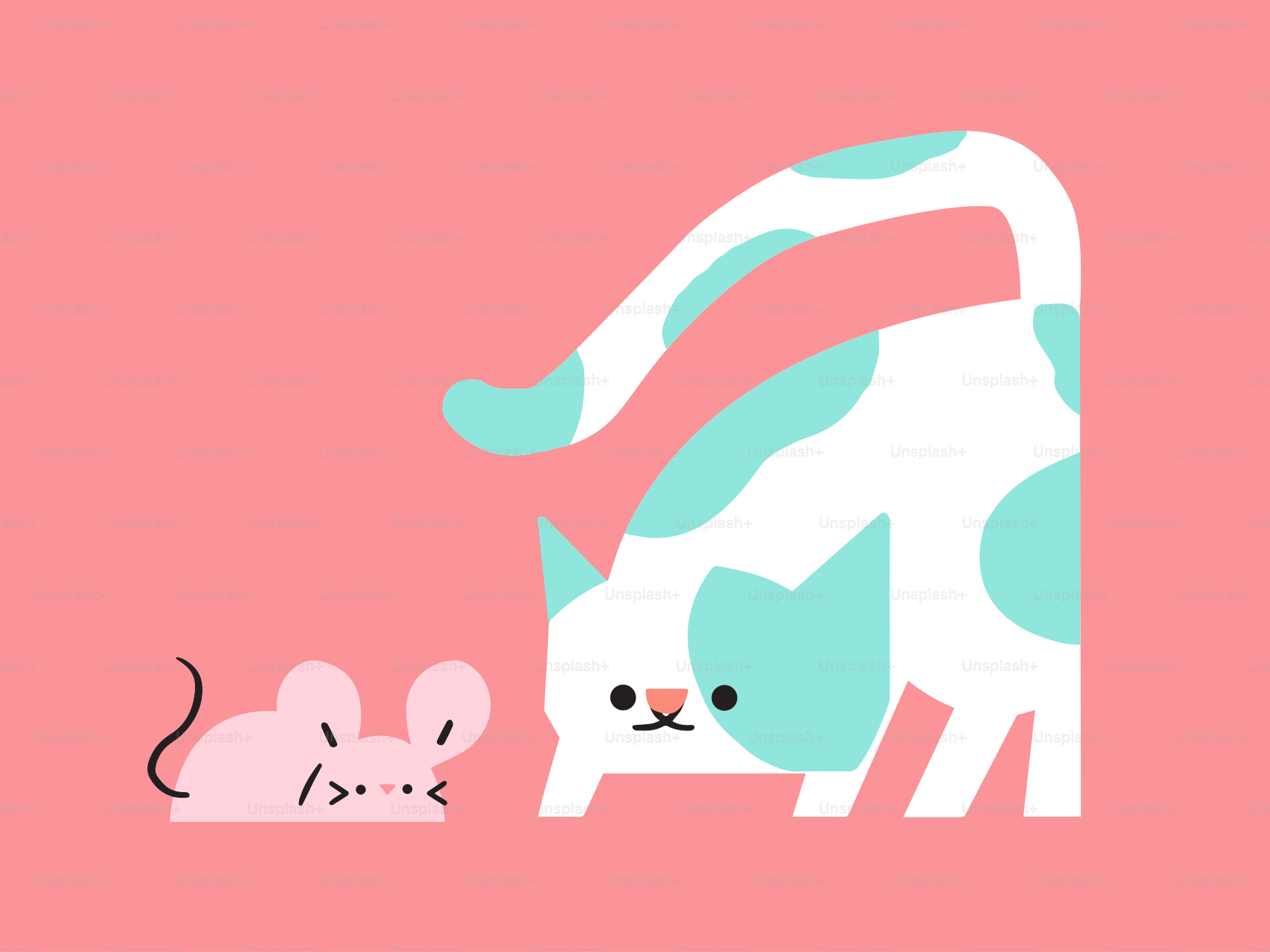 un gato y un ratón sobre un fondo rosa