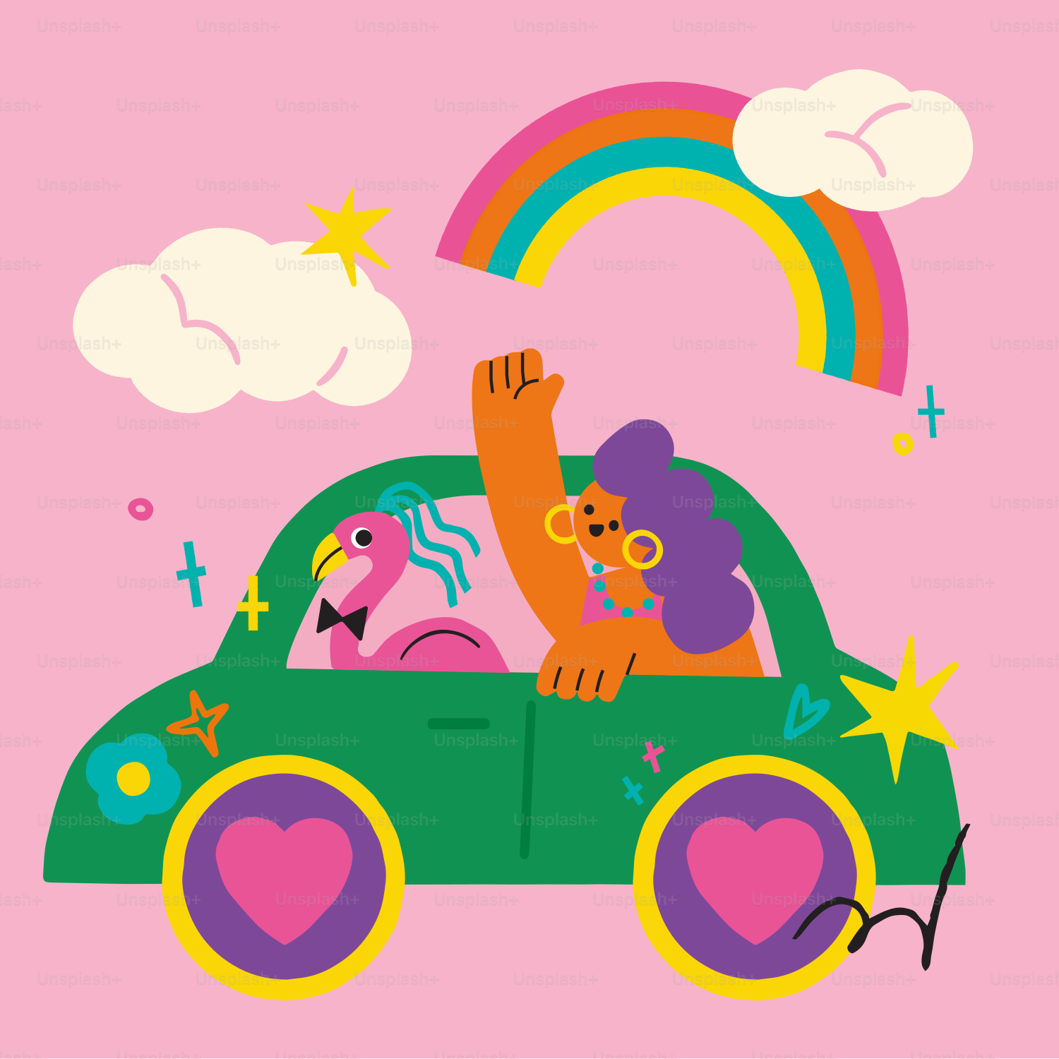 Una persona en un coche con un arcoíris de fondo