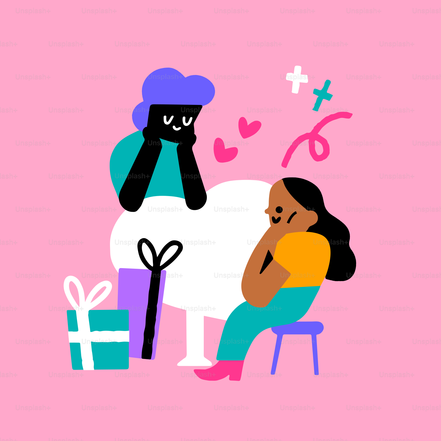 una donna seduta su una sedia accanto a una pila di regali