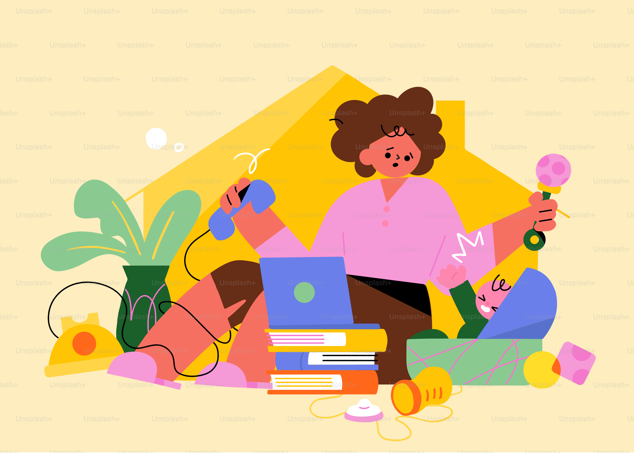 a woman sitting on a pile of books with a laptop