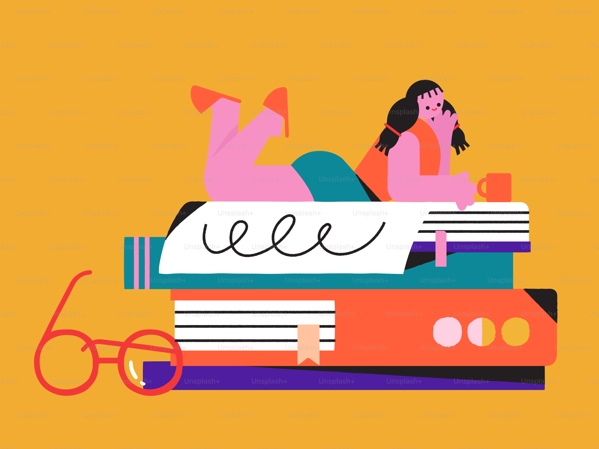 Eine Frau, die auf einem Stapel Bücher liegt