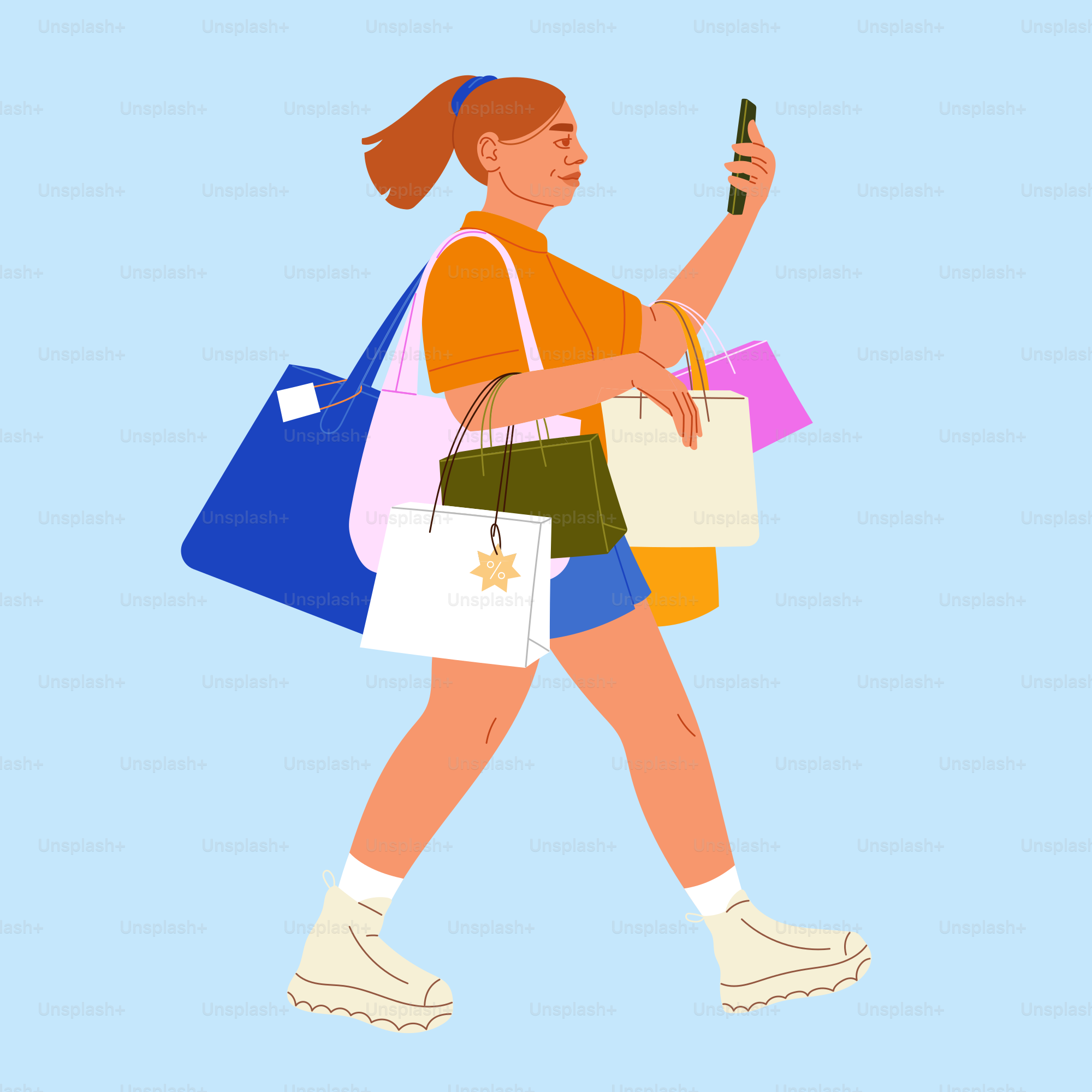 Woman holding shopping bags and phone