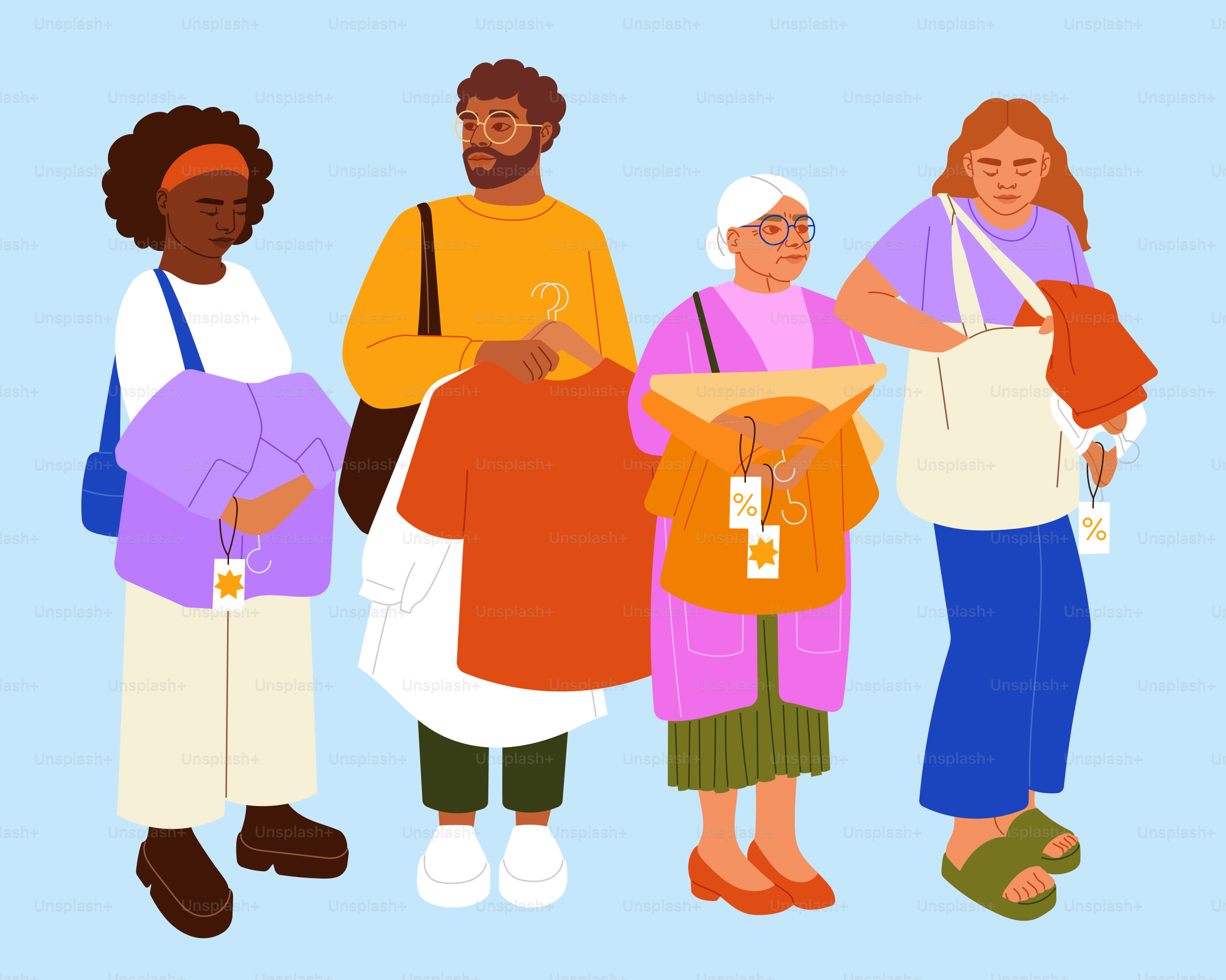 Diverse group of people holding shopping bags and clothing items