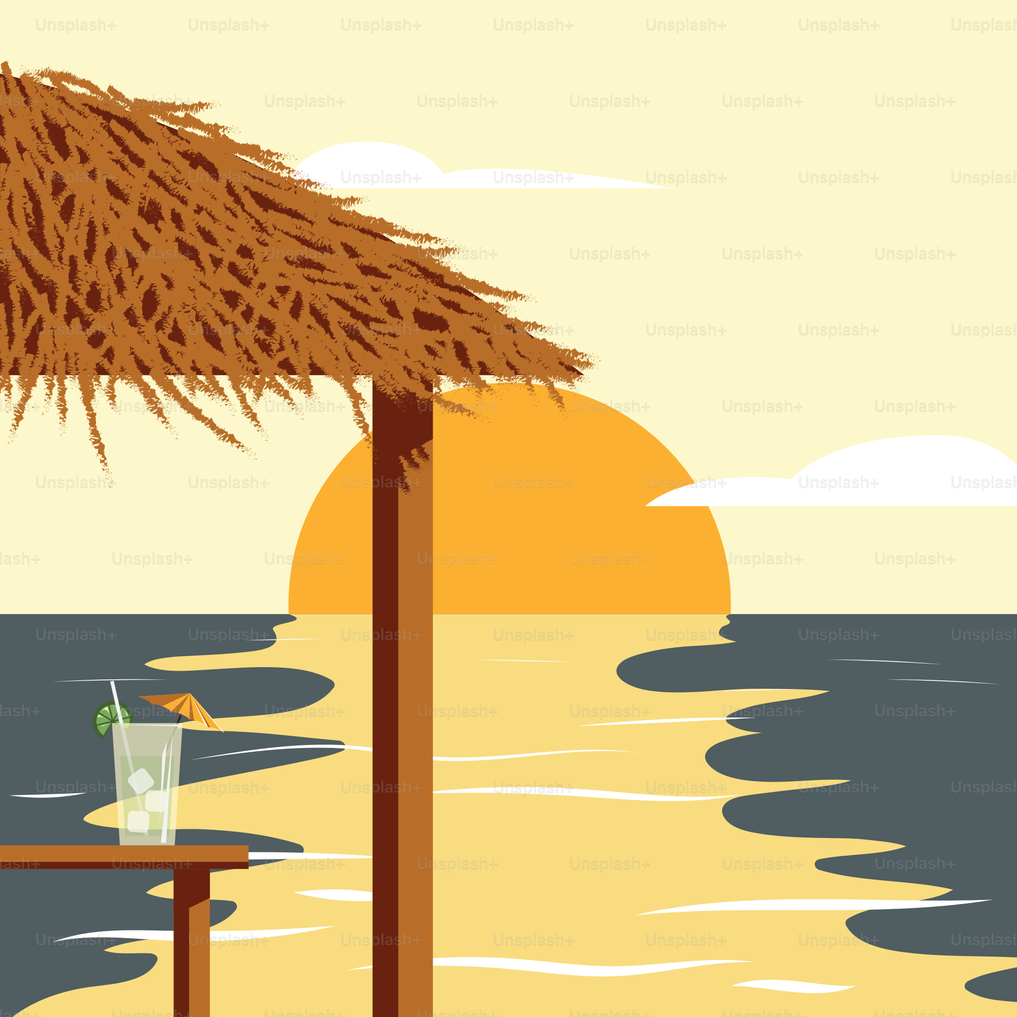 Boisson tropicale sous un parasol au toit de chaume au coucher du soleil