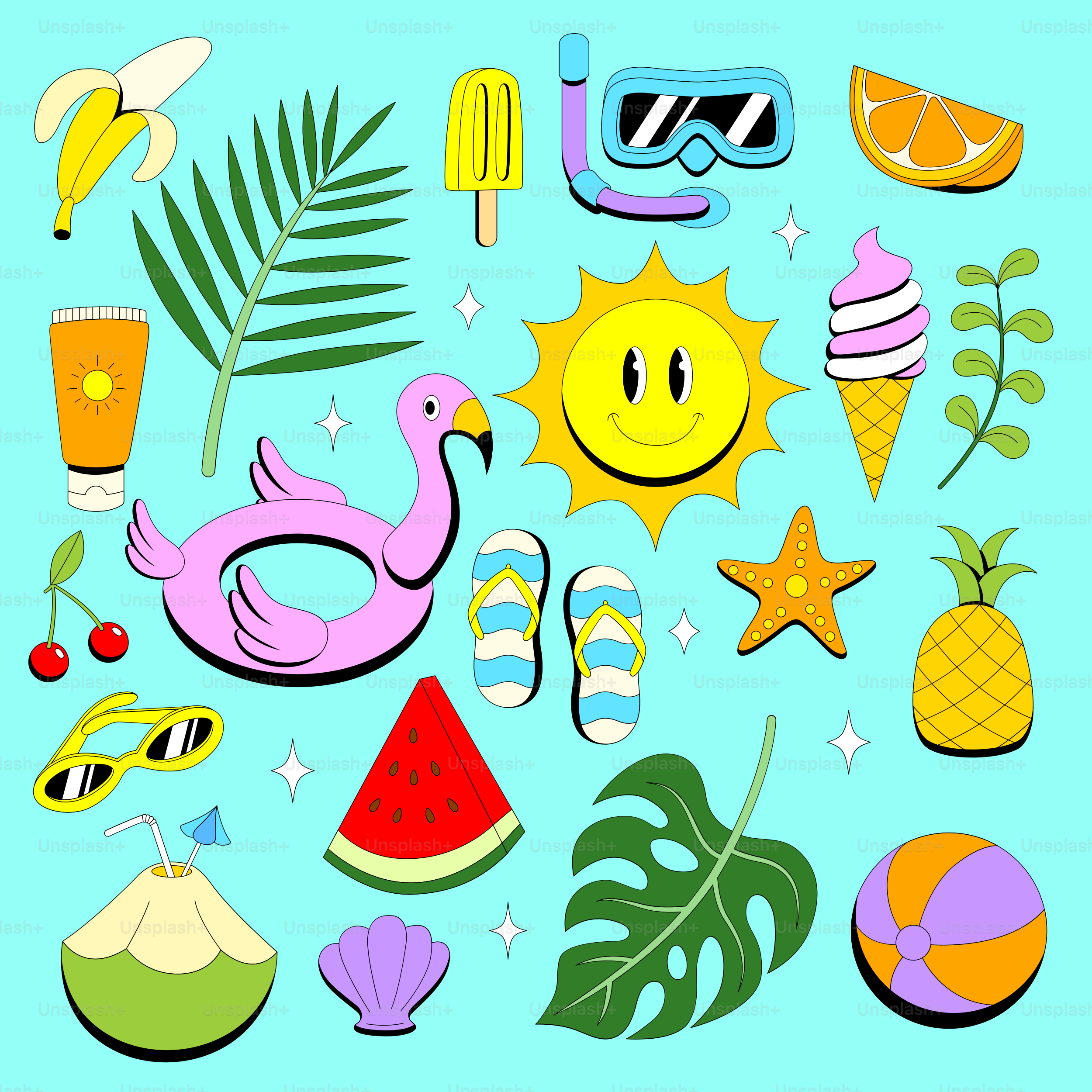 Icônes des vacances d’été incluant le soleil, le flamant rose et les fruits