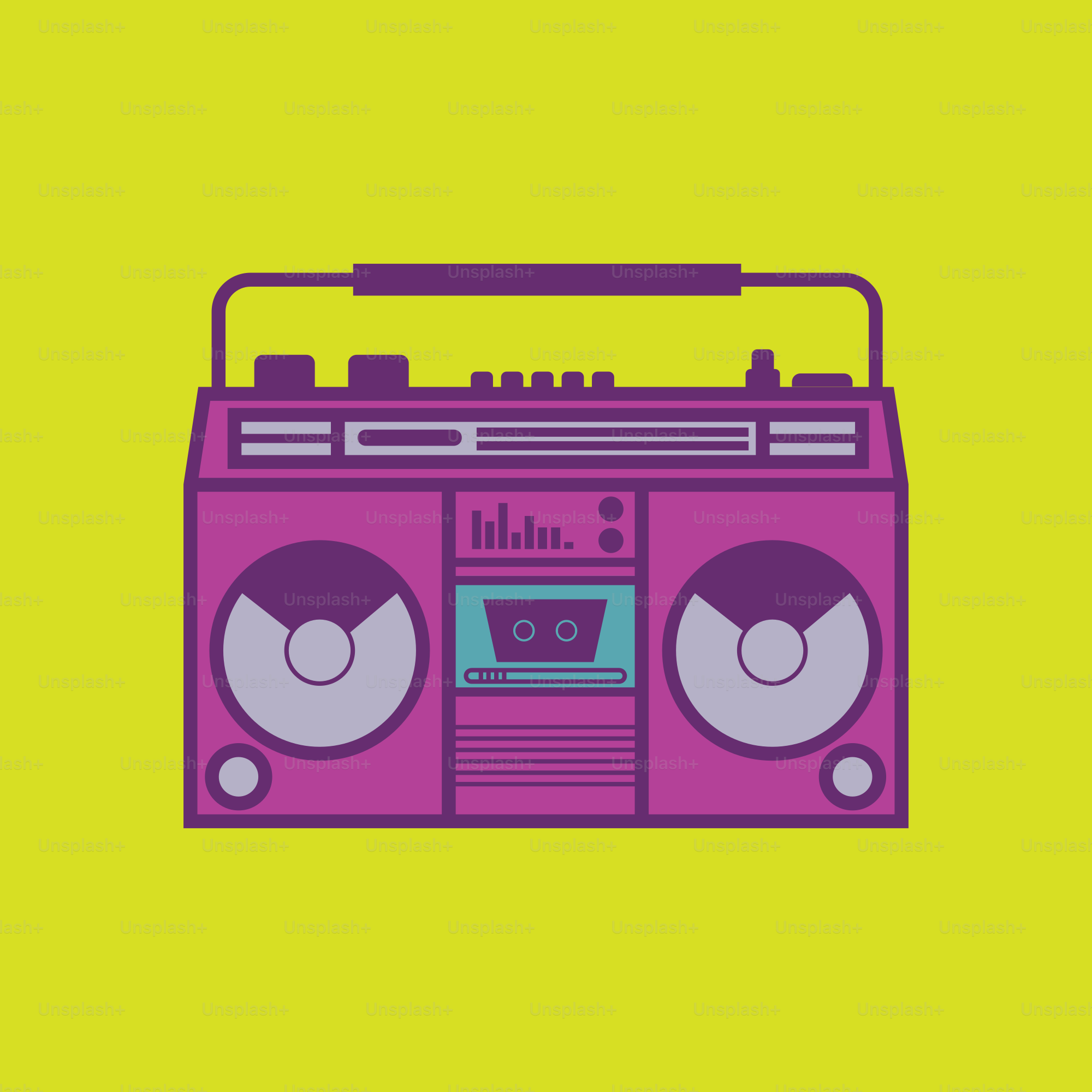 A vintage purple boombox on a yellow background