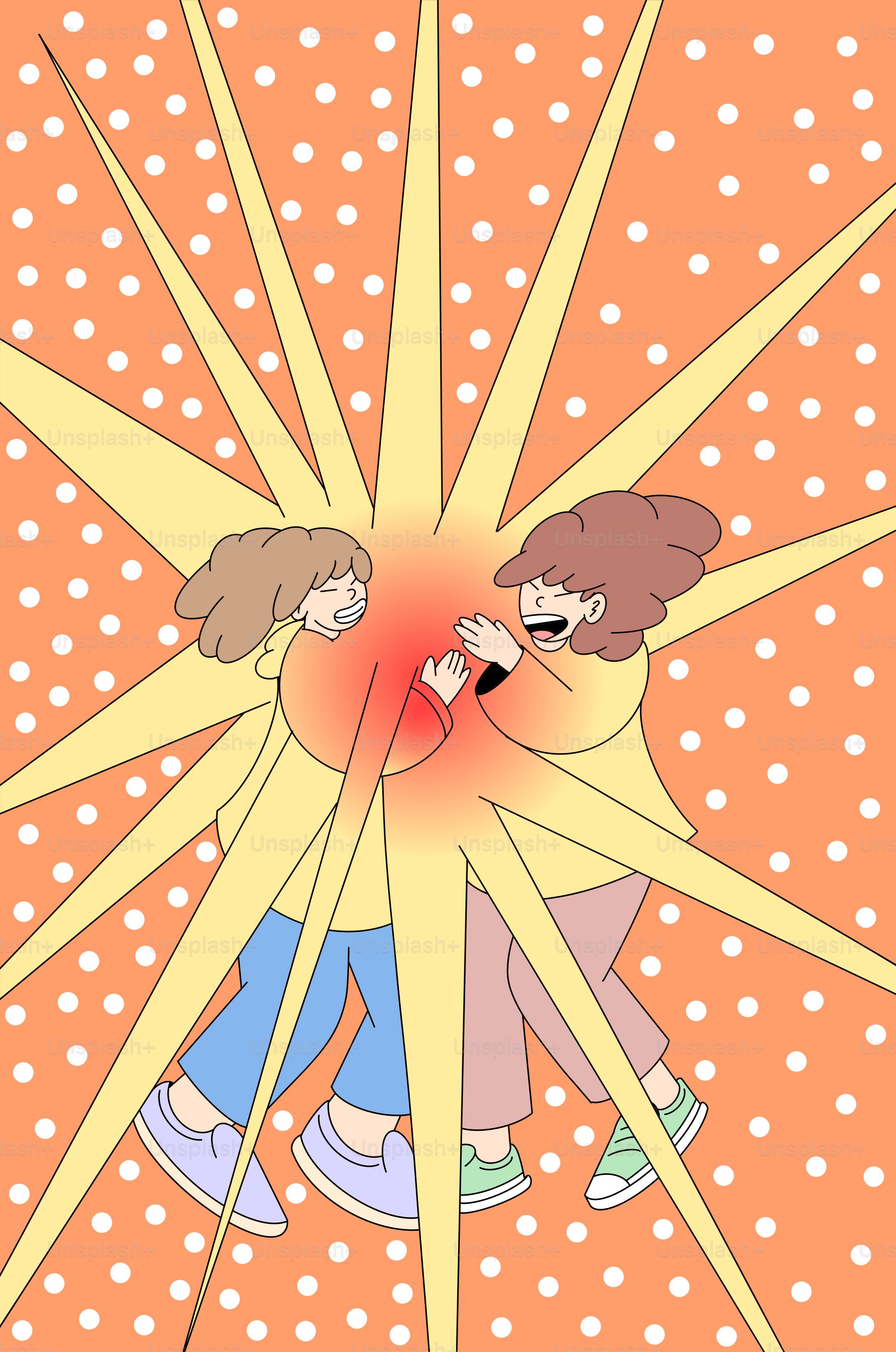 Two people hugging with a bright starburst behind them.