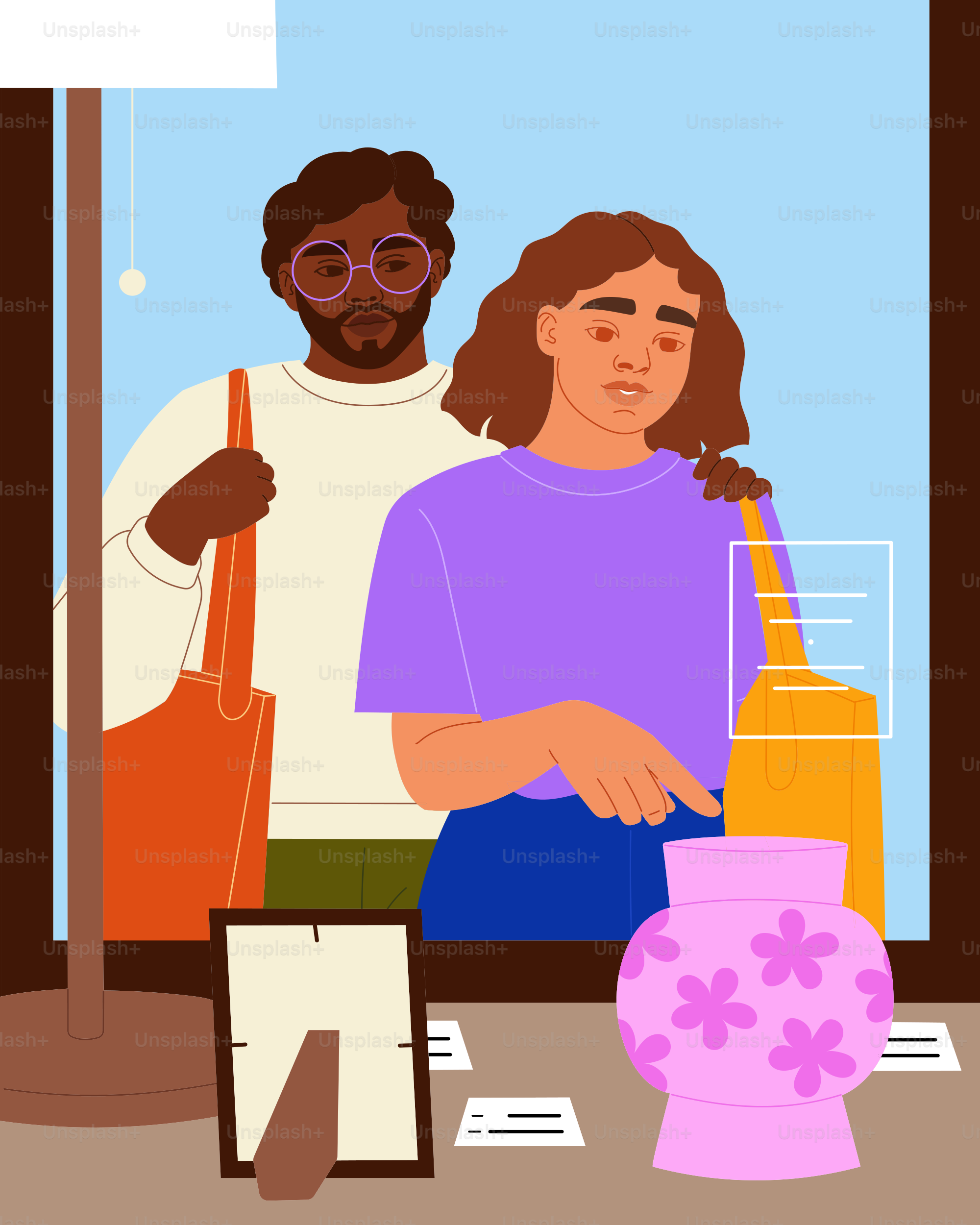 Couple looking at a pink vase in a shop window