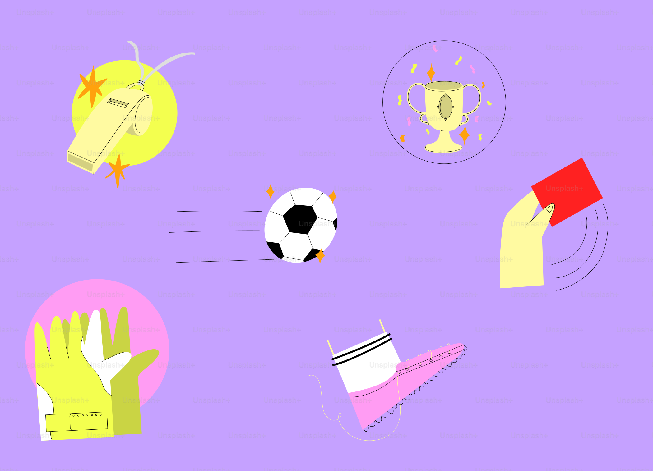 Soccer elements: ball, whistle, trophy, gloves, red card, shoe