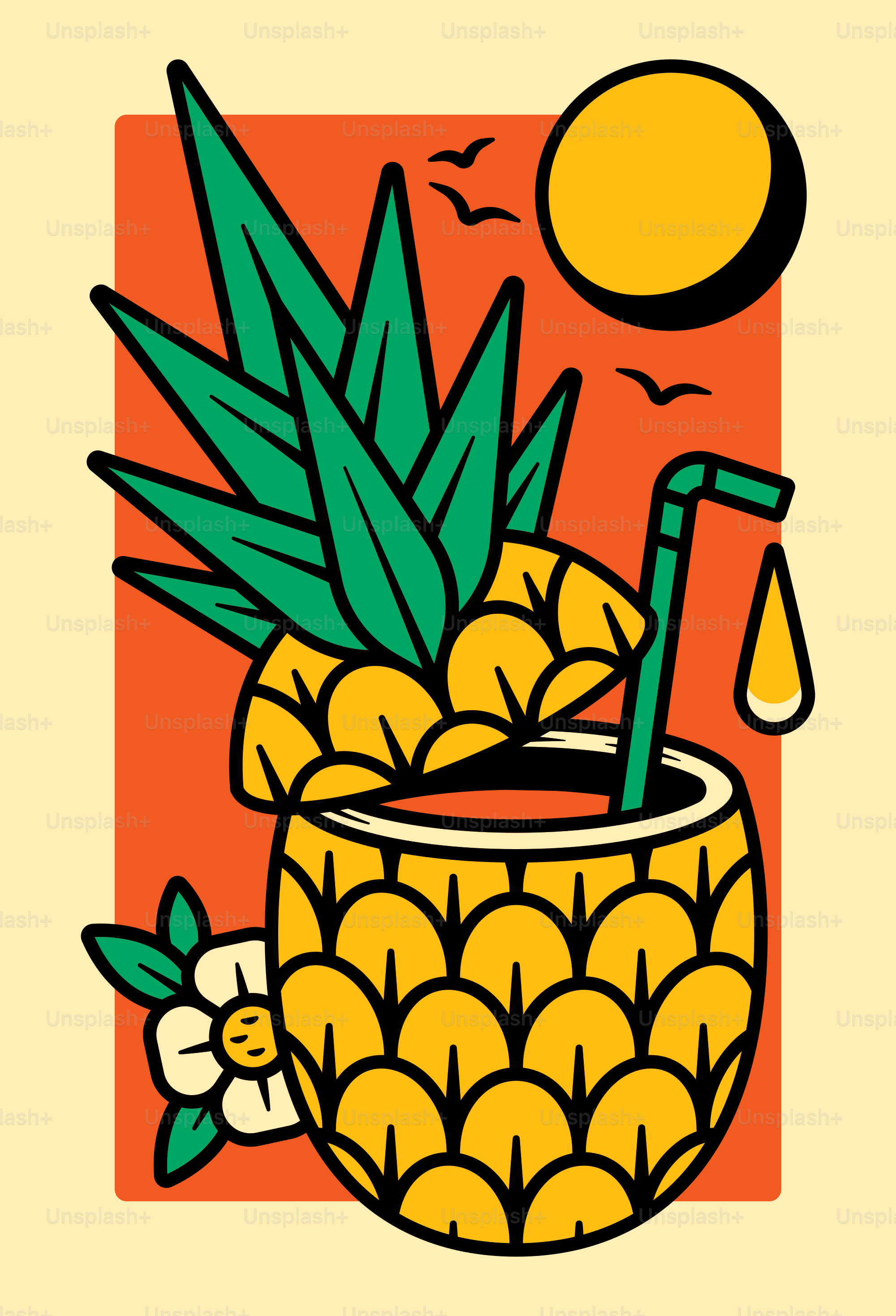 a drawing of a pineapple drink with a straw
