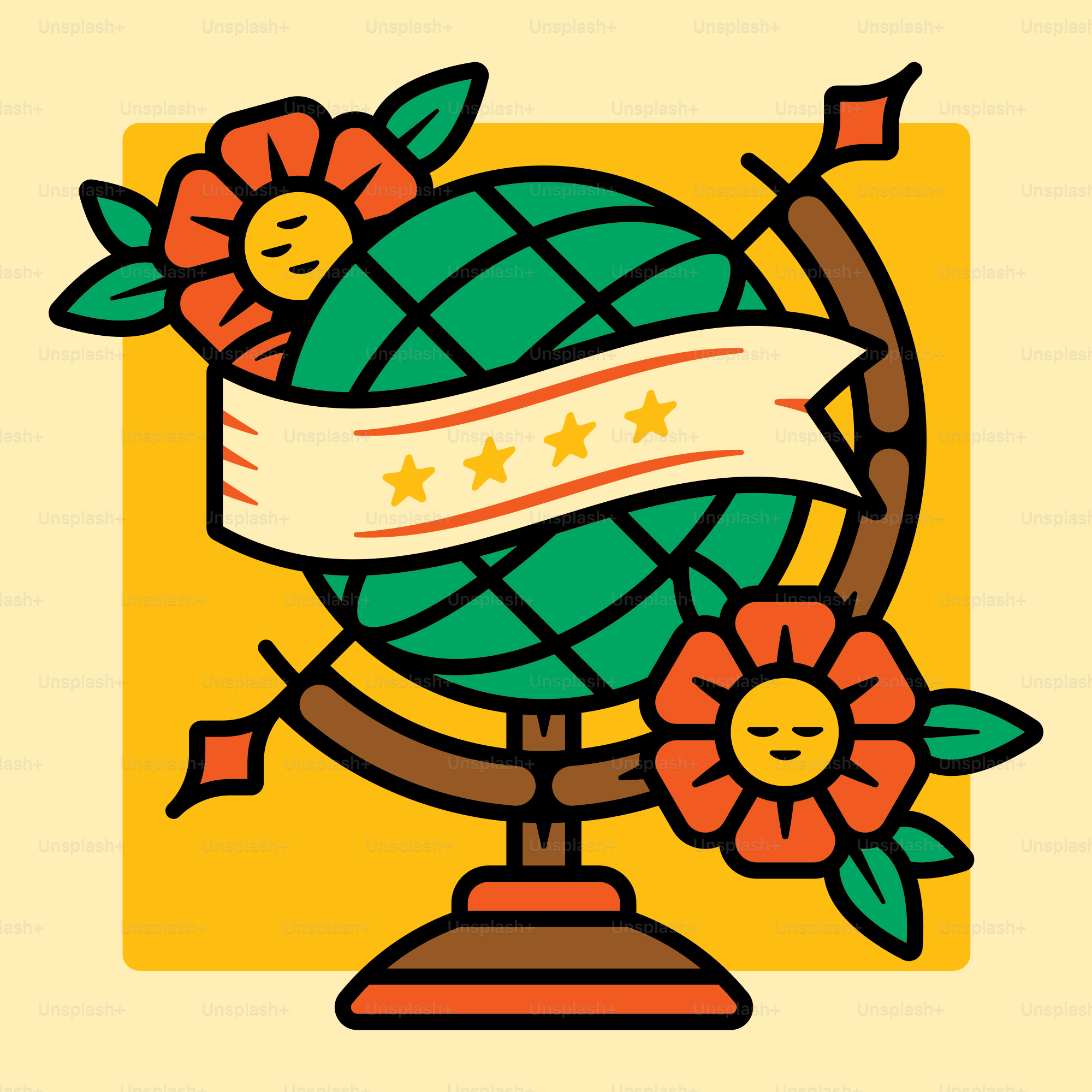 a drawing of a globe with a ribbon around it