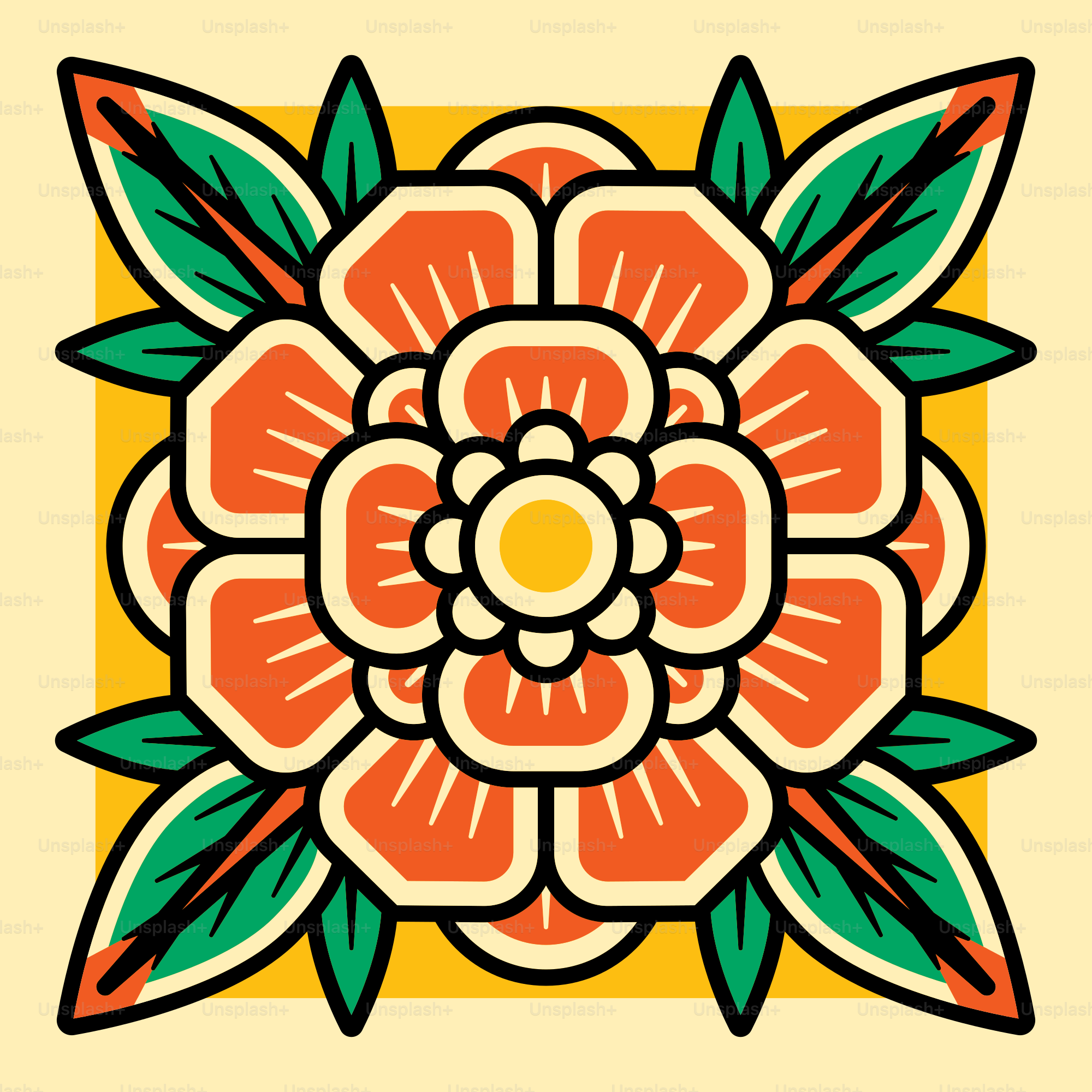an orange flower with green leaves on a yellow background