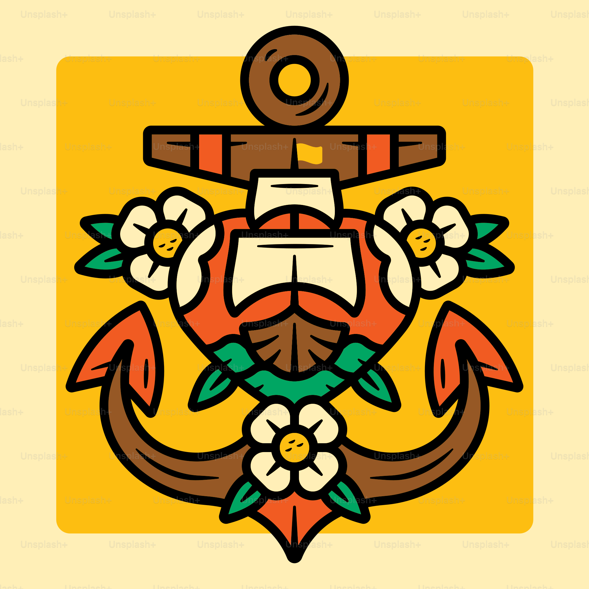 a drawing of an anchor with flowers on it