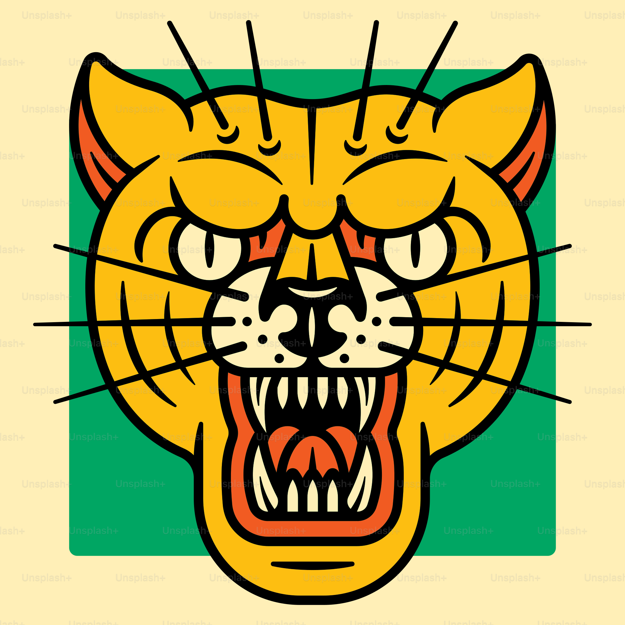 um tigre amarelo com a boca aberta e os dentes bem abertos