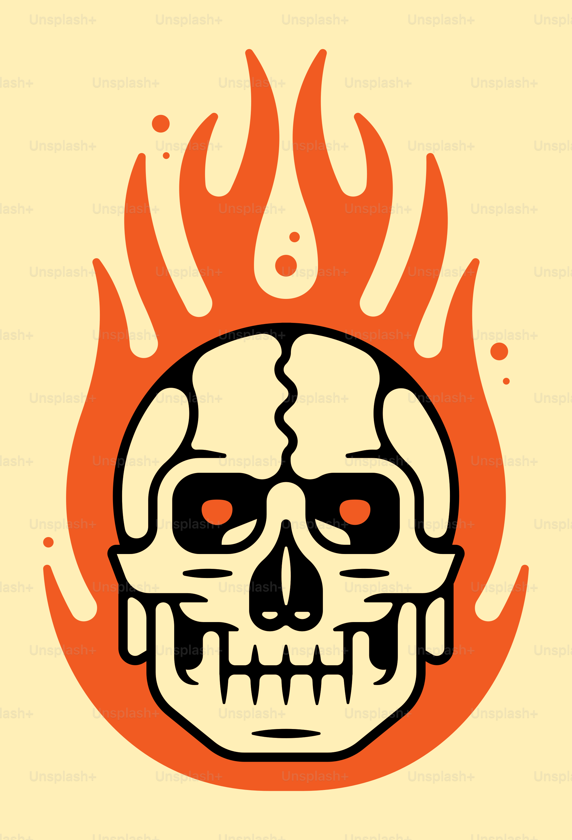 a drawing of a skull with flames in the background