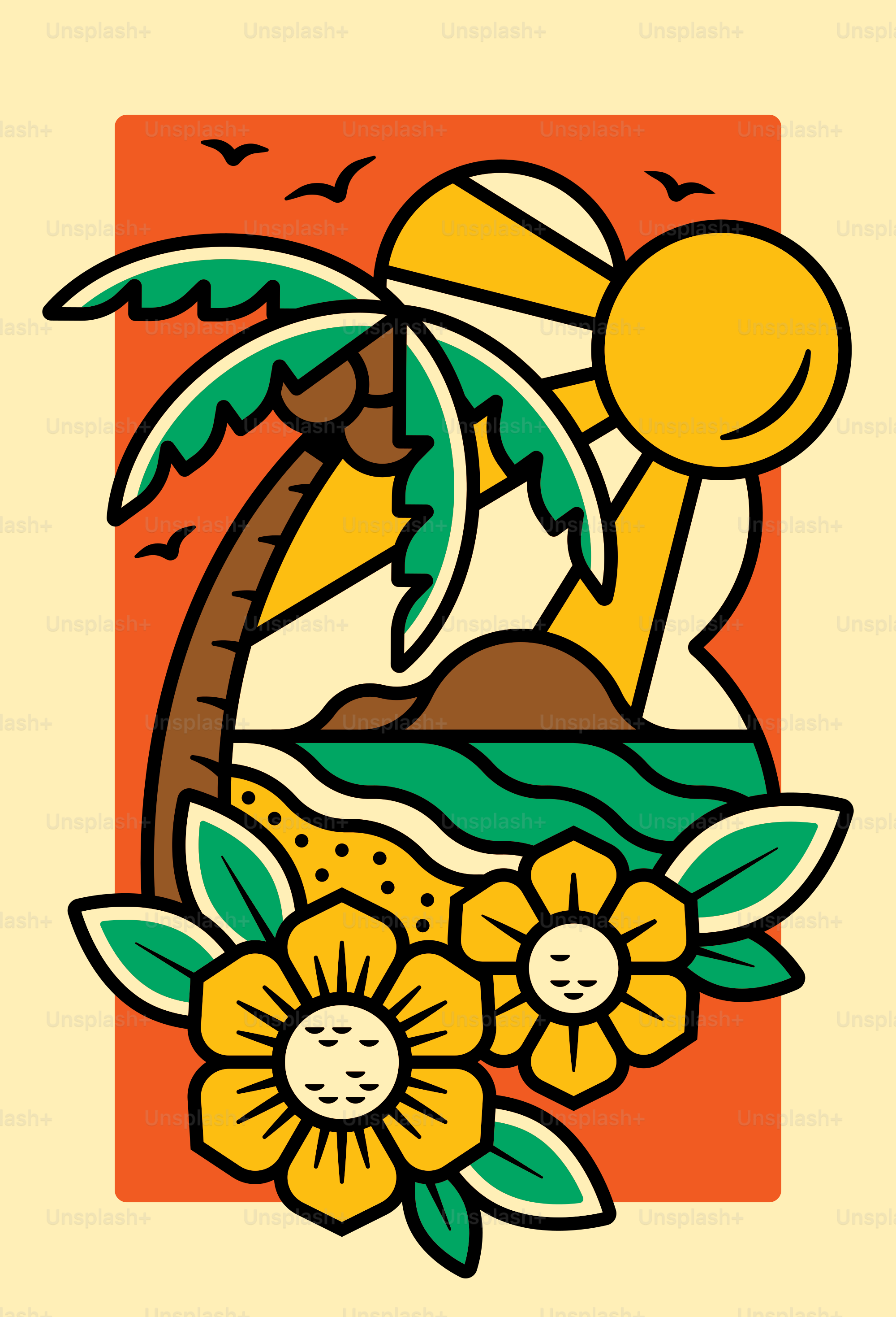 um desenho de uma cena de praia com uma palmeira