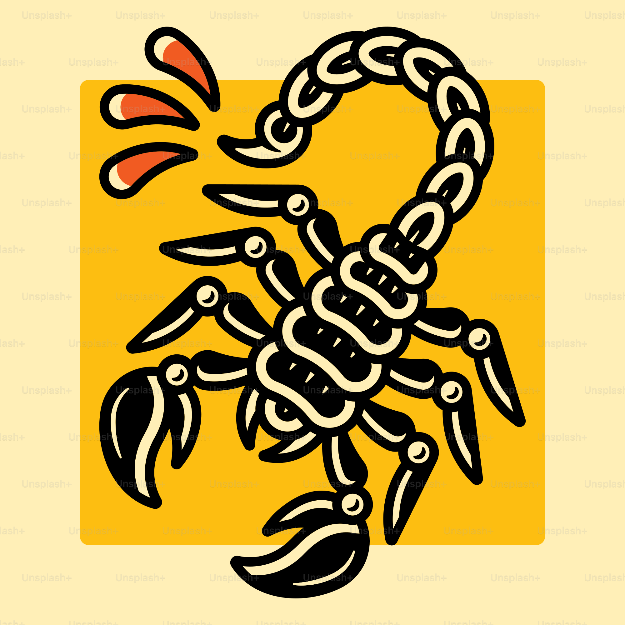a stylized image of a scorpion on a yellow background