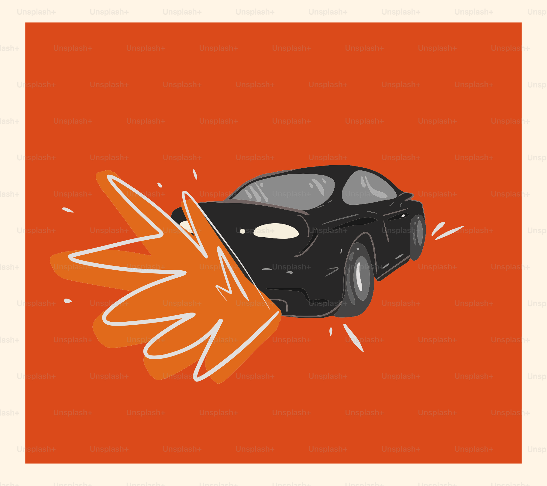 ein schwarzes Auto mit gebrochenem Flügel auf orangefarbenem Hintergrund