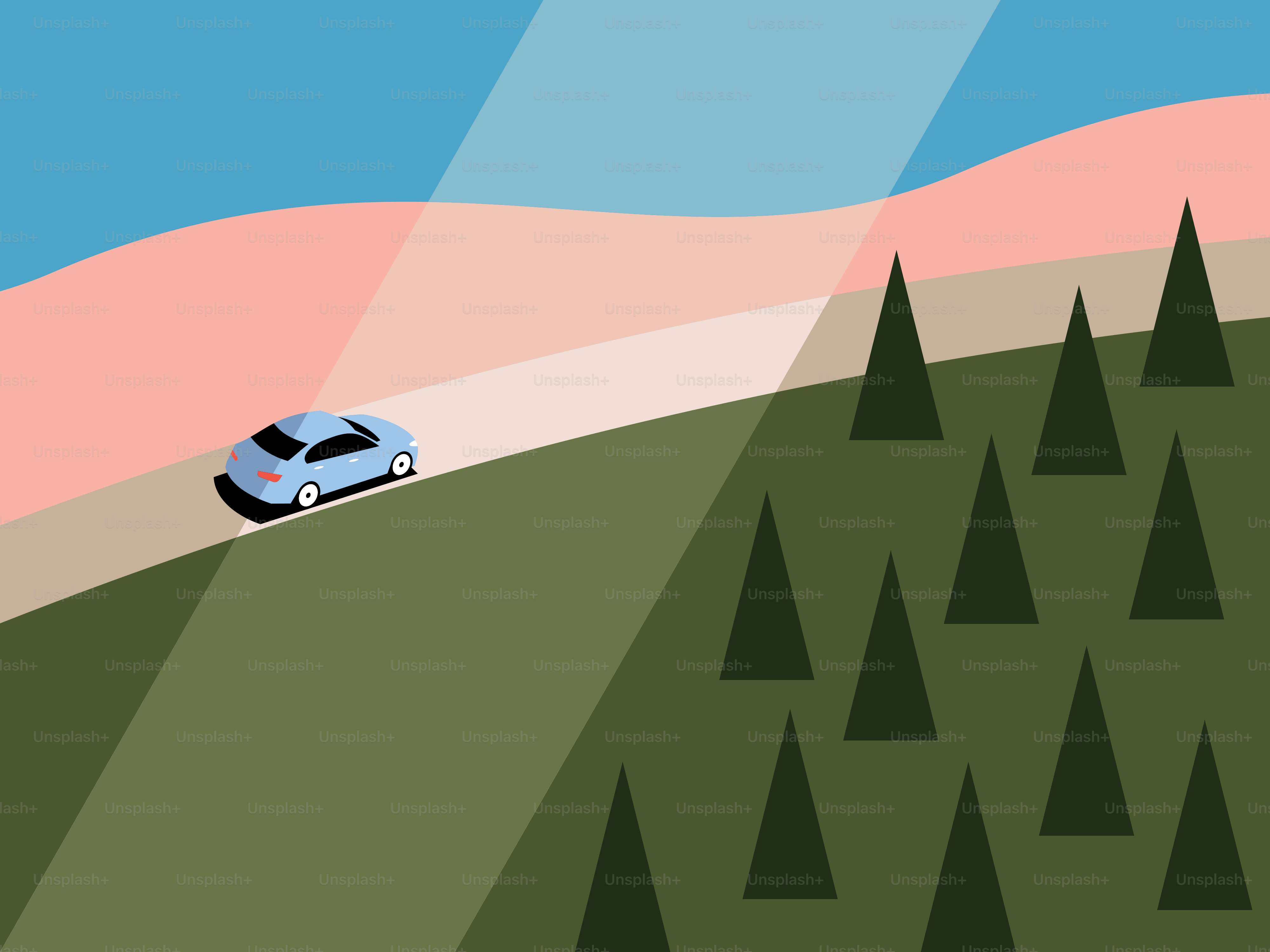 une voiture descendant une colline avec des arbres