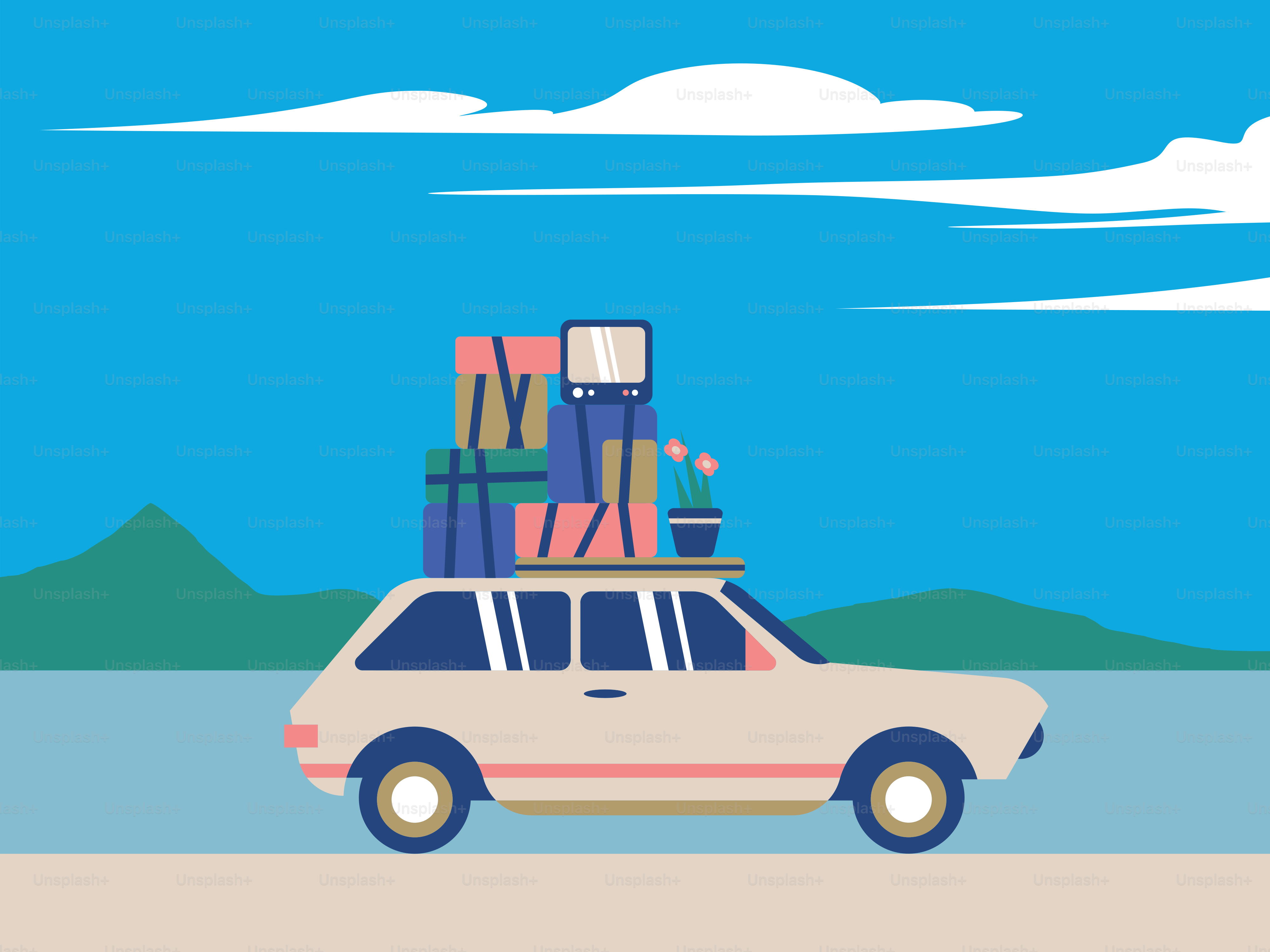 une voiture avec un tas de bagages dessus