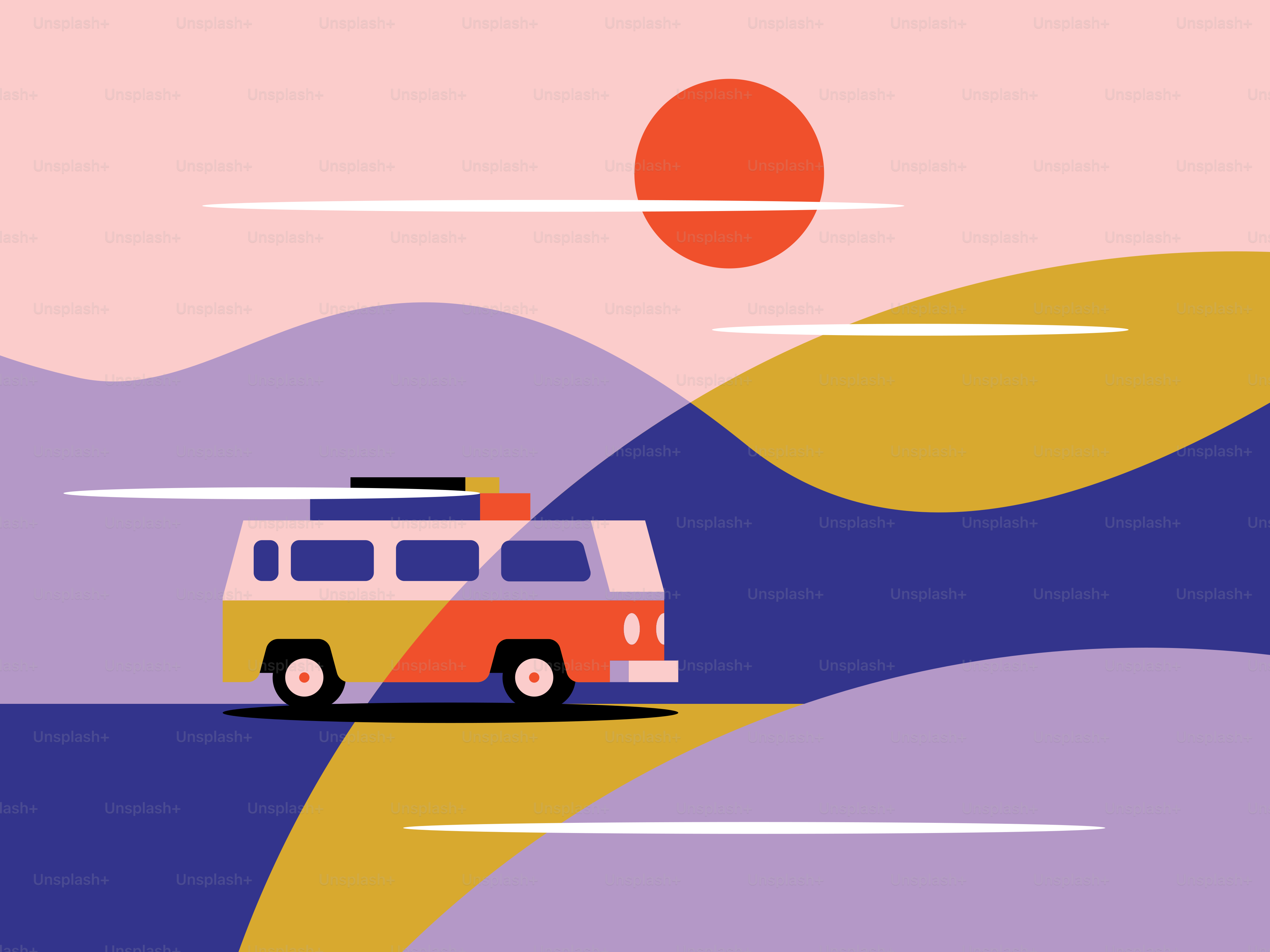 a van driving down a road with mountains in the background