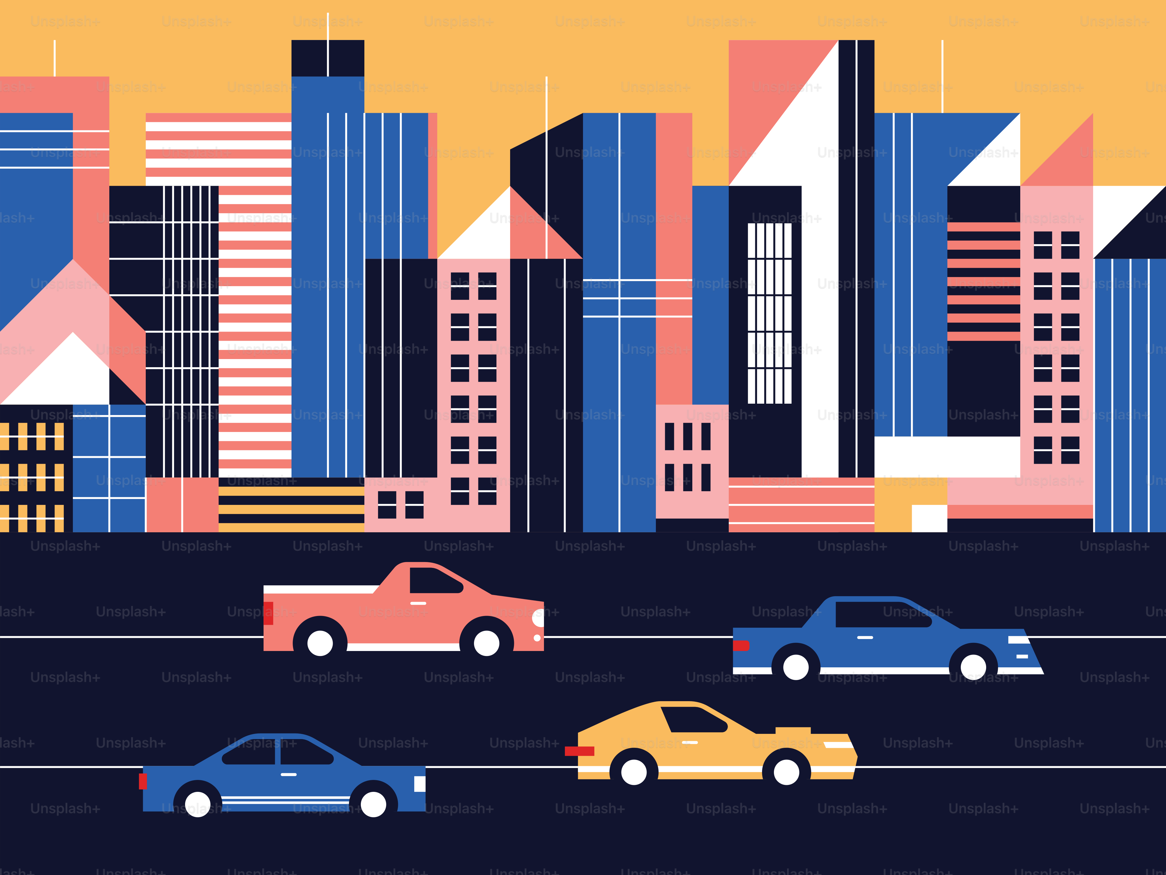 un groupe de voitures roulant dans une rue à côté de grands immeubles