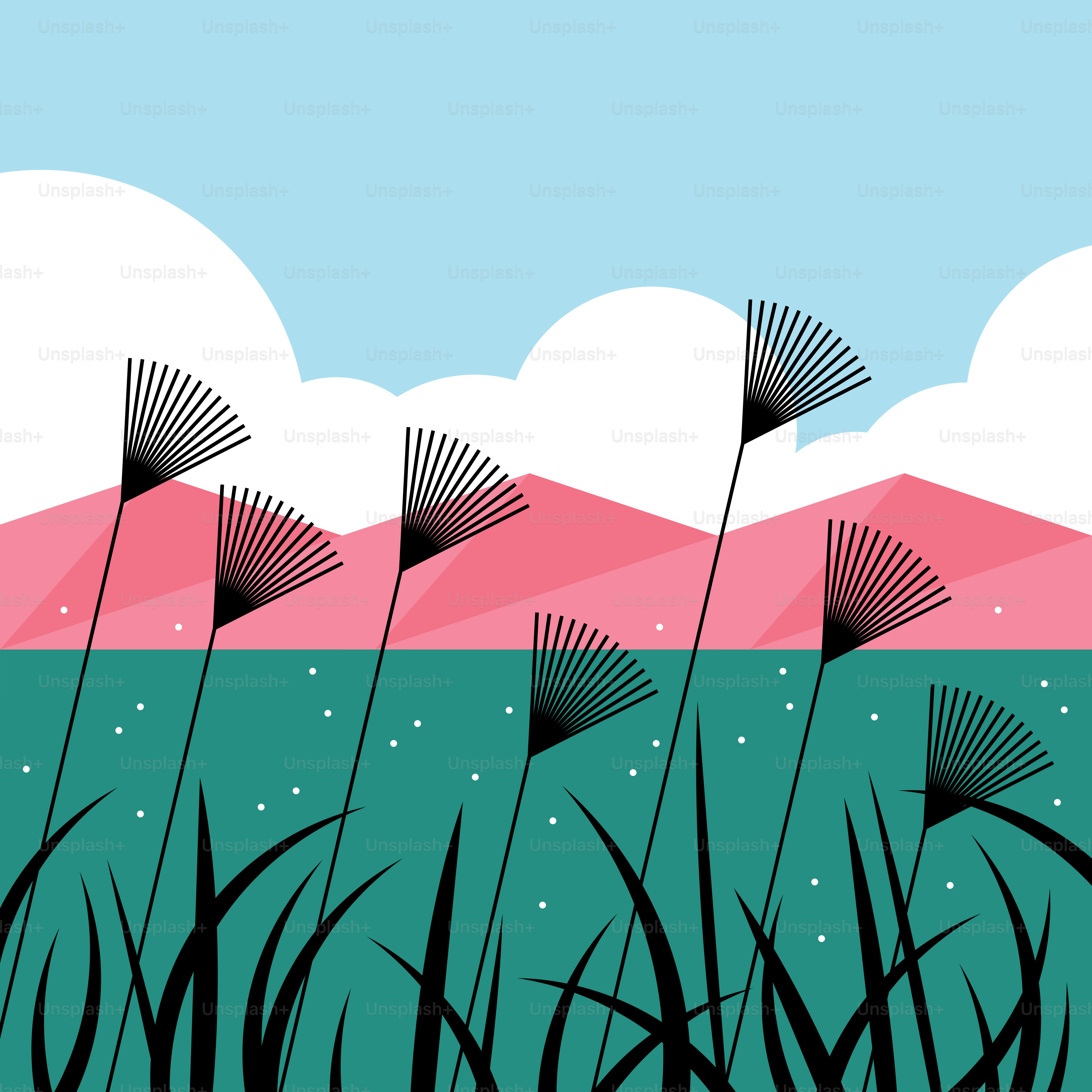 A field with tall grass and pink hills in the background