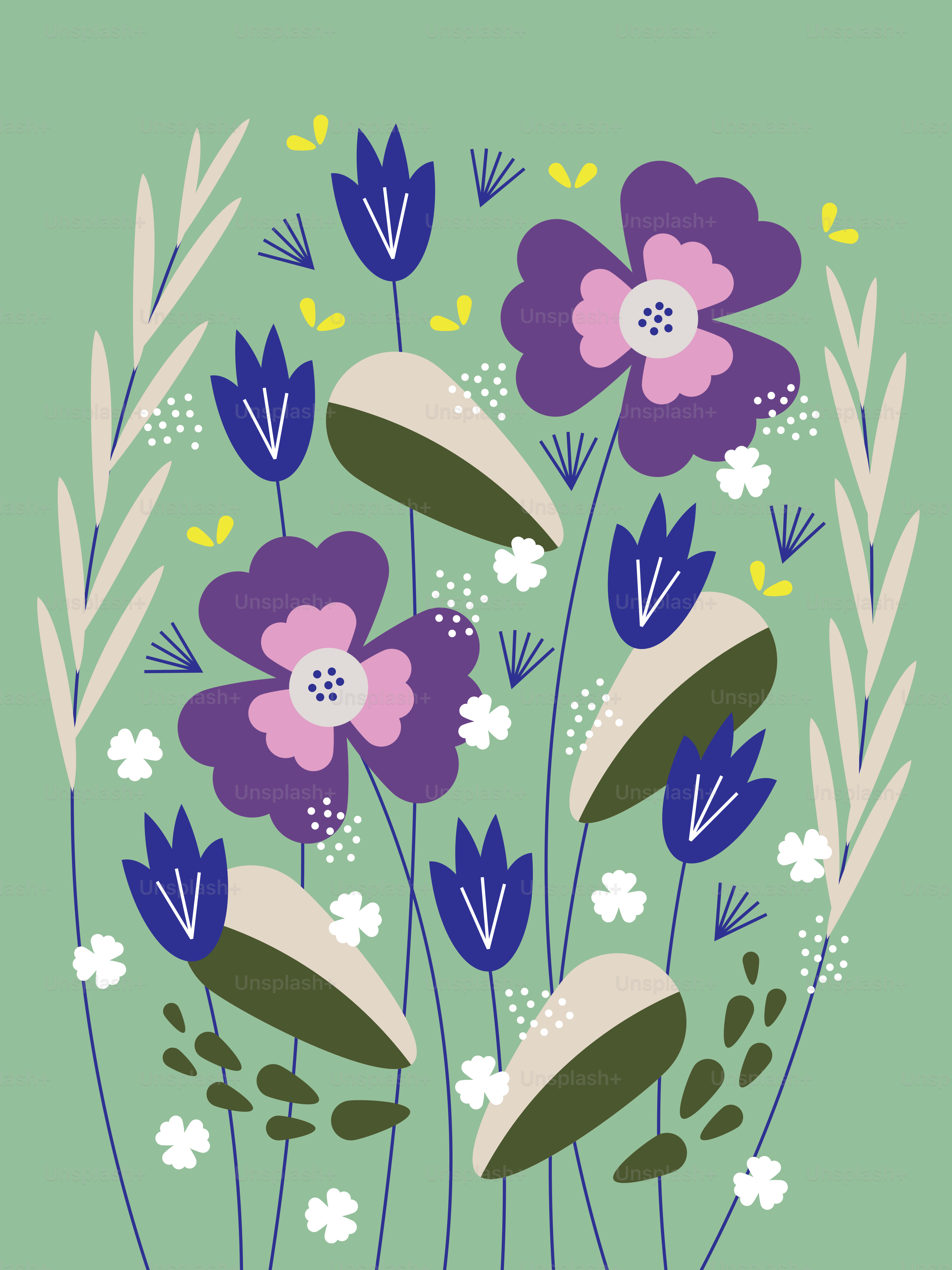a bunch of flowers that are on a green background