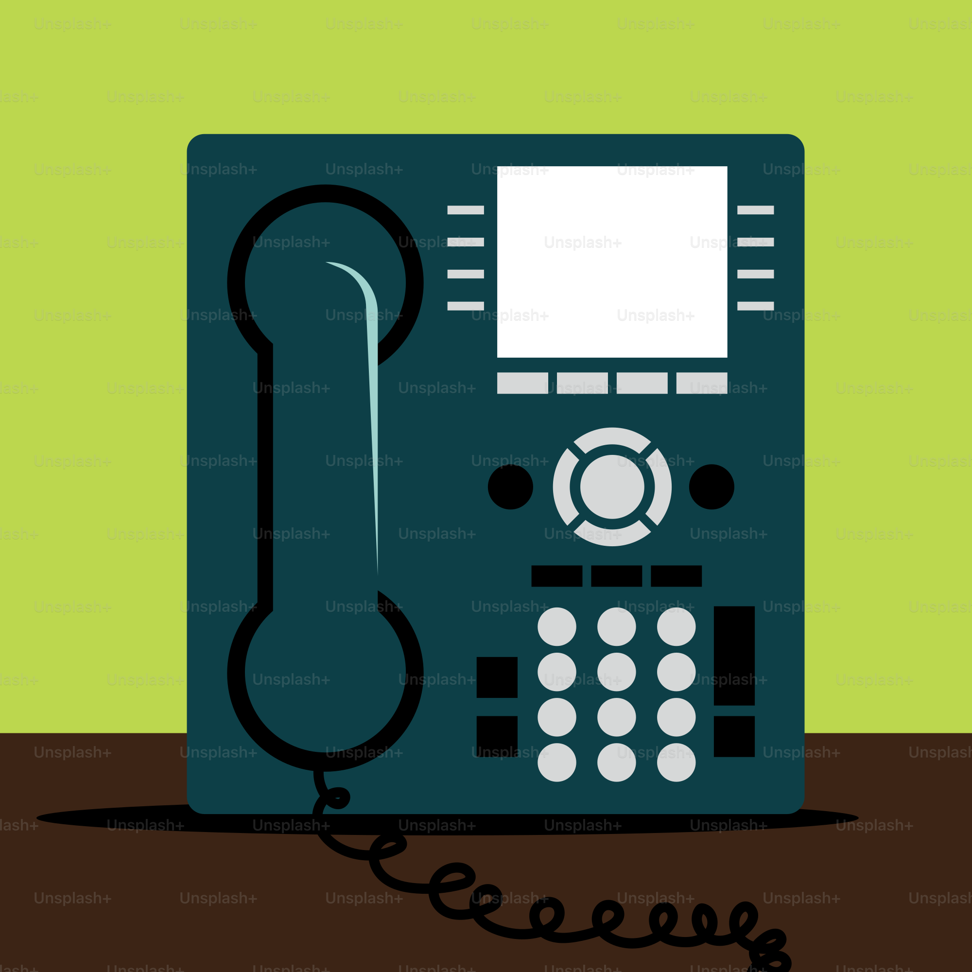 A dark blue office desk phone on a brown surface.