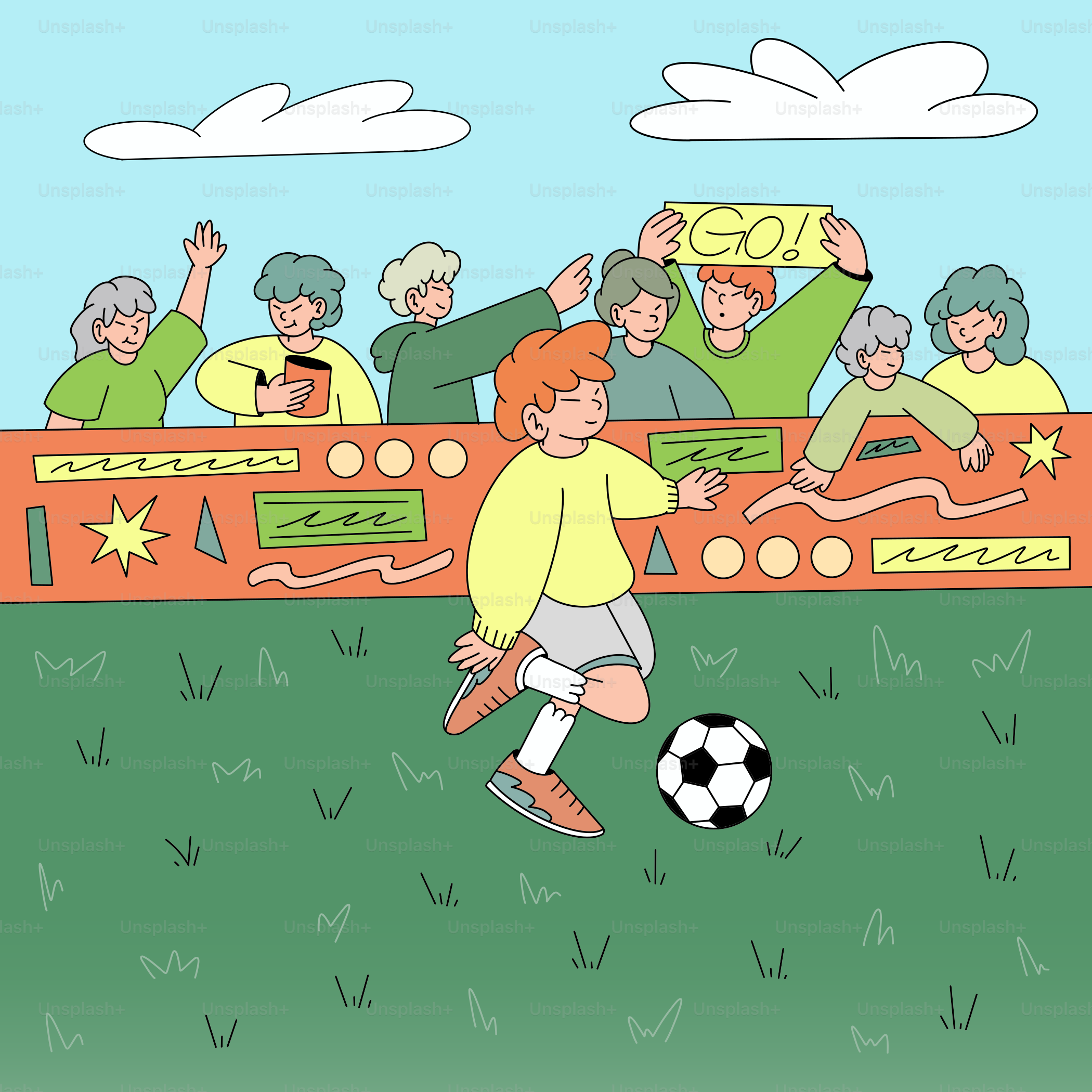 Junge spielt Fußball mit Zuschauern