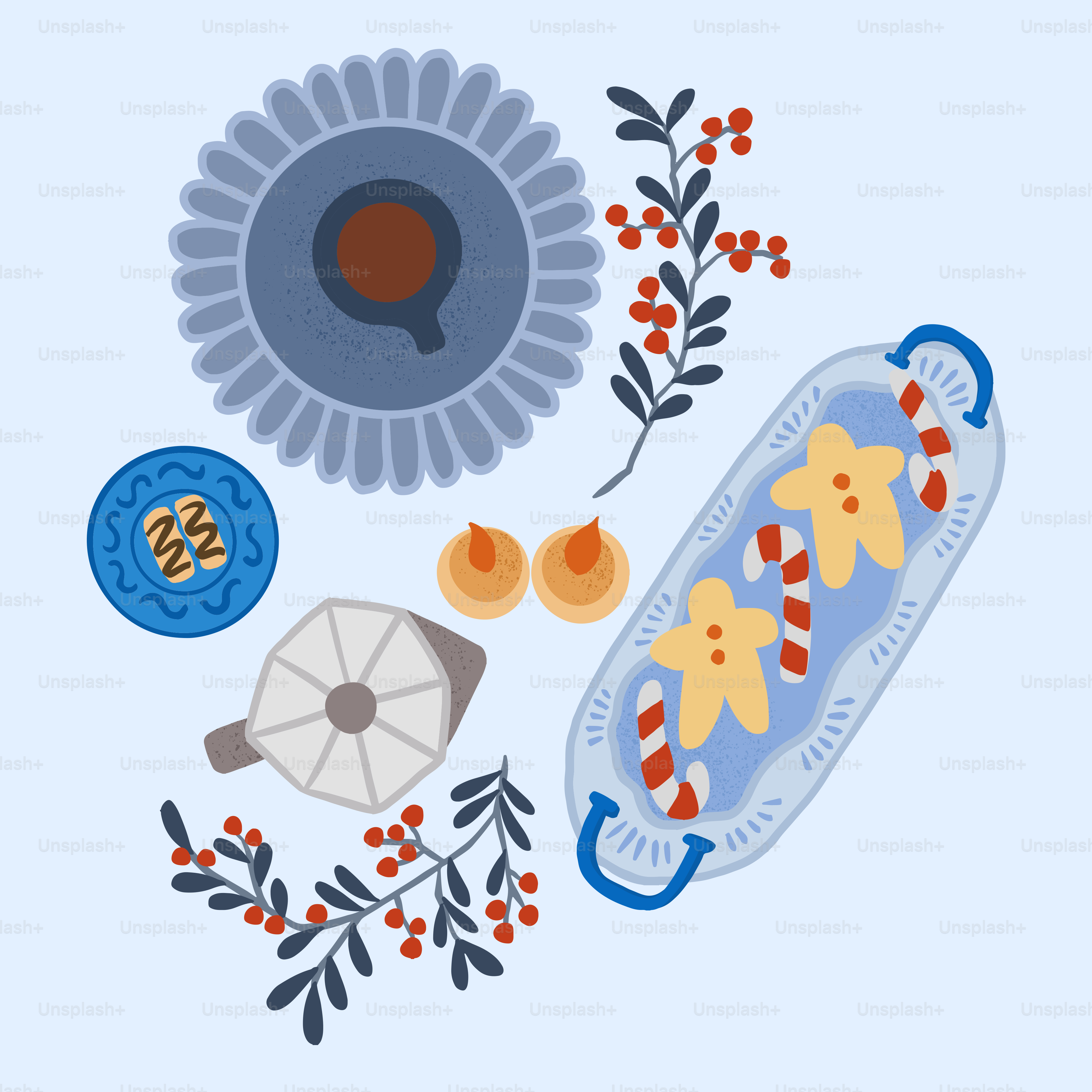 a flat lay of food on a blue background