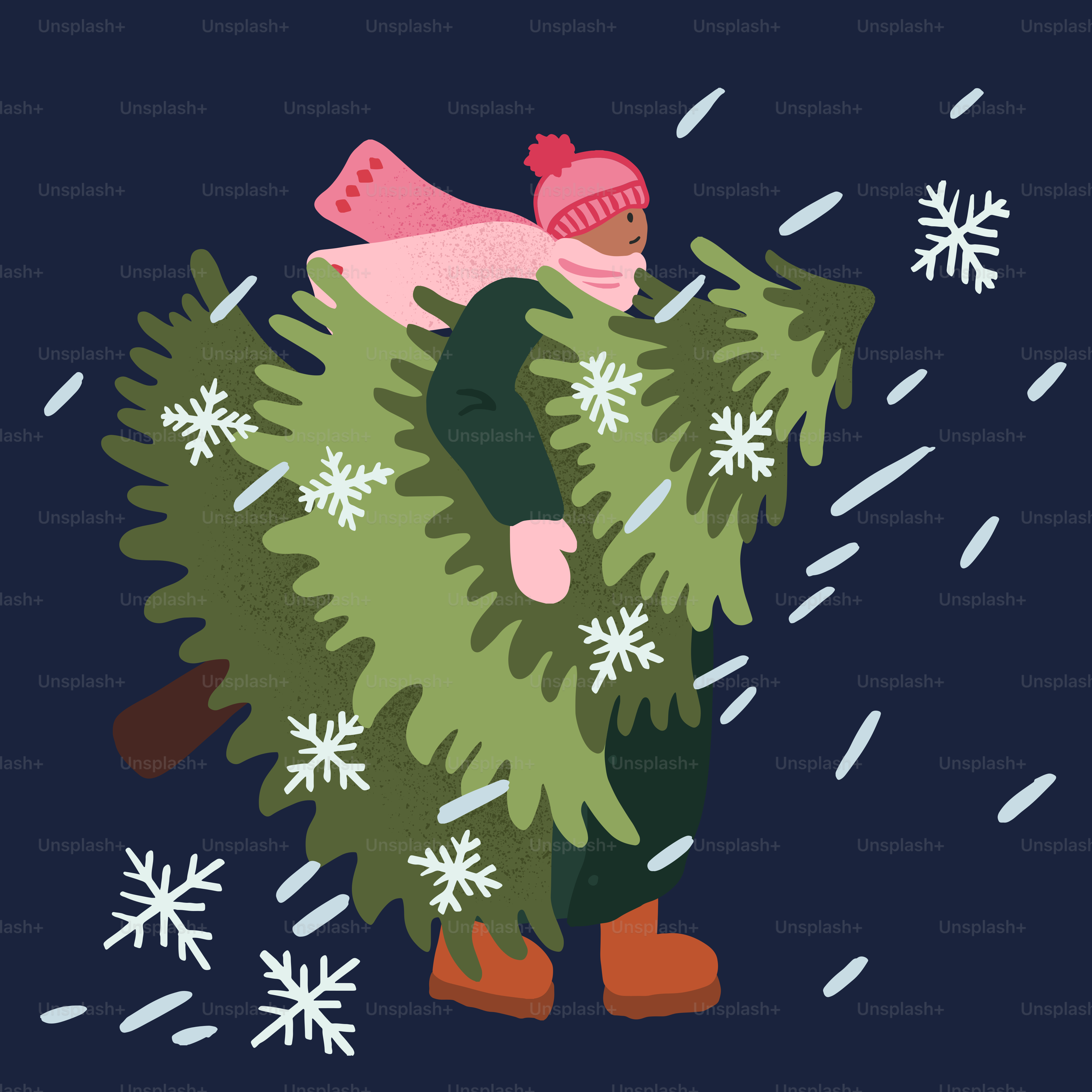 Eine Person, die im Regen einen Weihnachtsbaum trägt