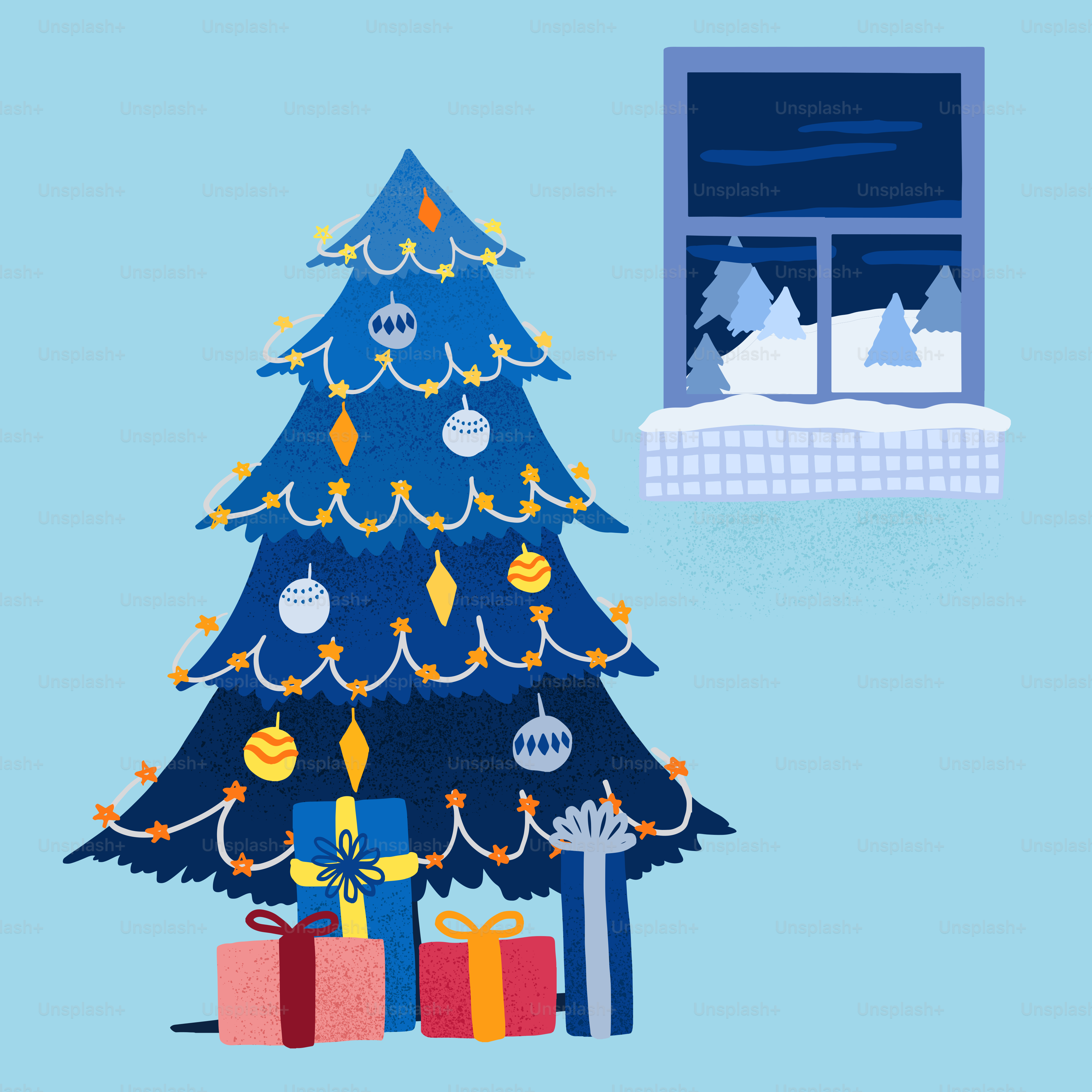 a blue christmas tree next to a window