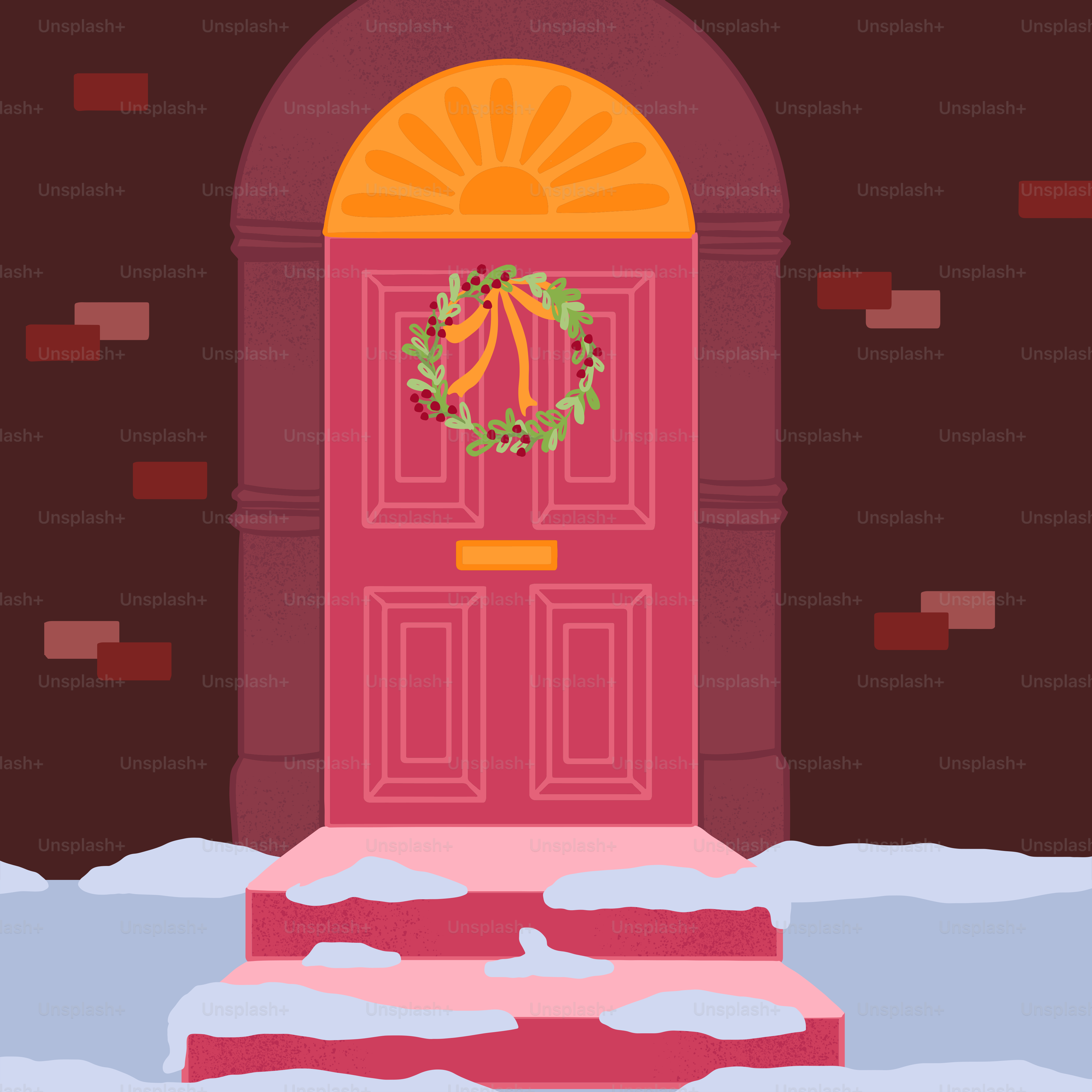 a red door with a wreath on it