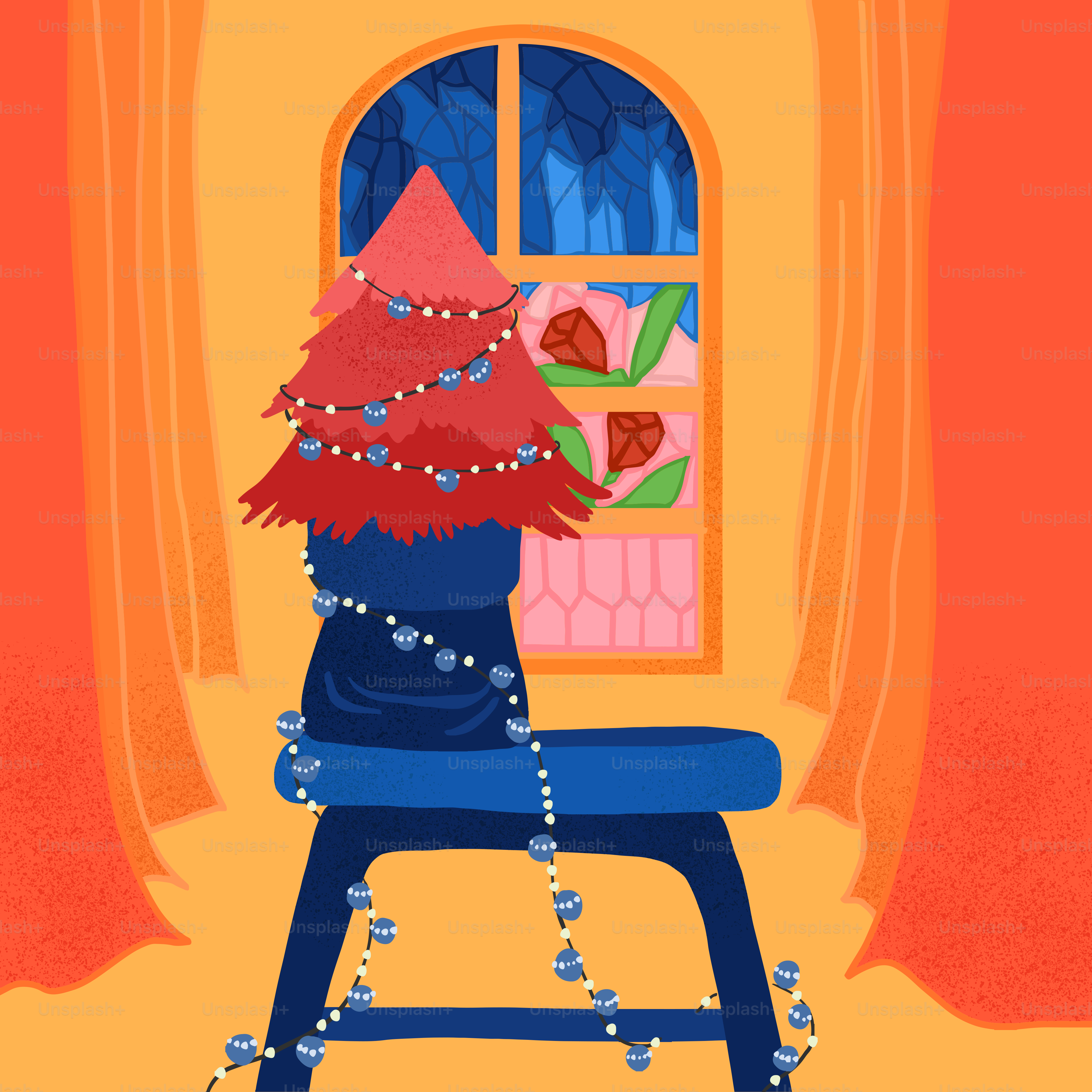 a cartoon of a chair with a christmas tree on it