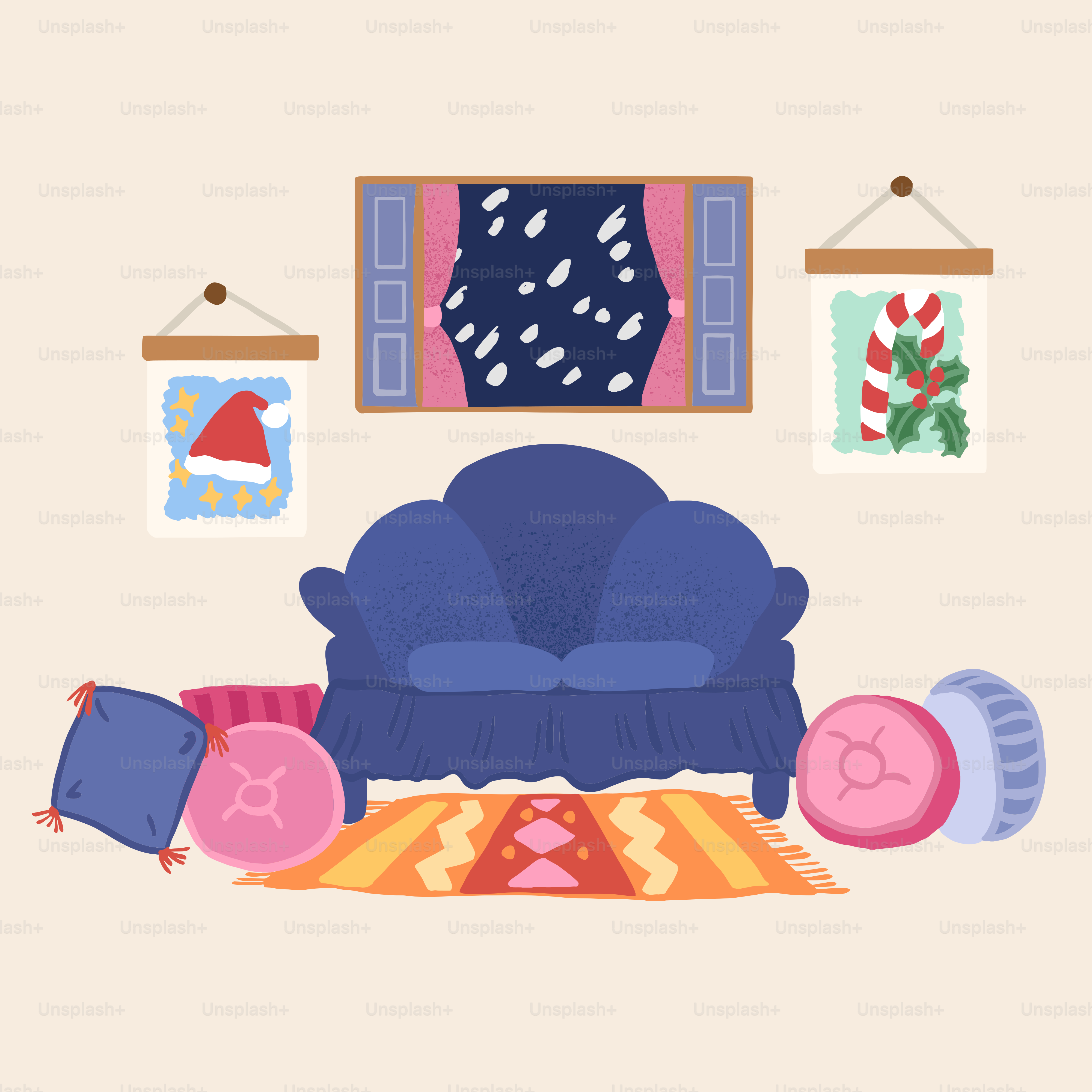 un salón con un sofá azul y una alfombra