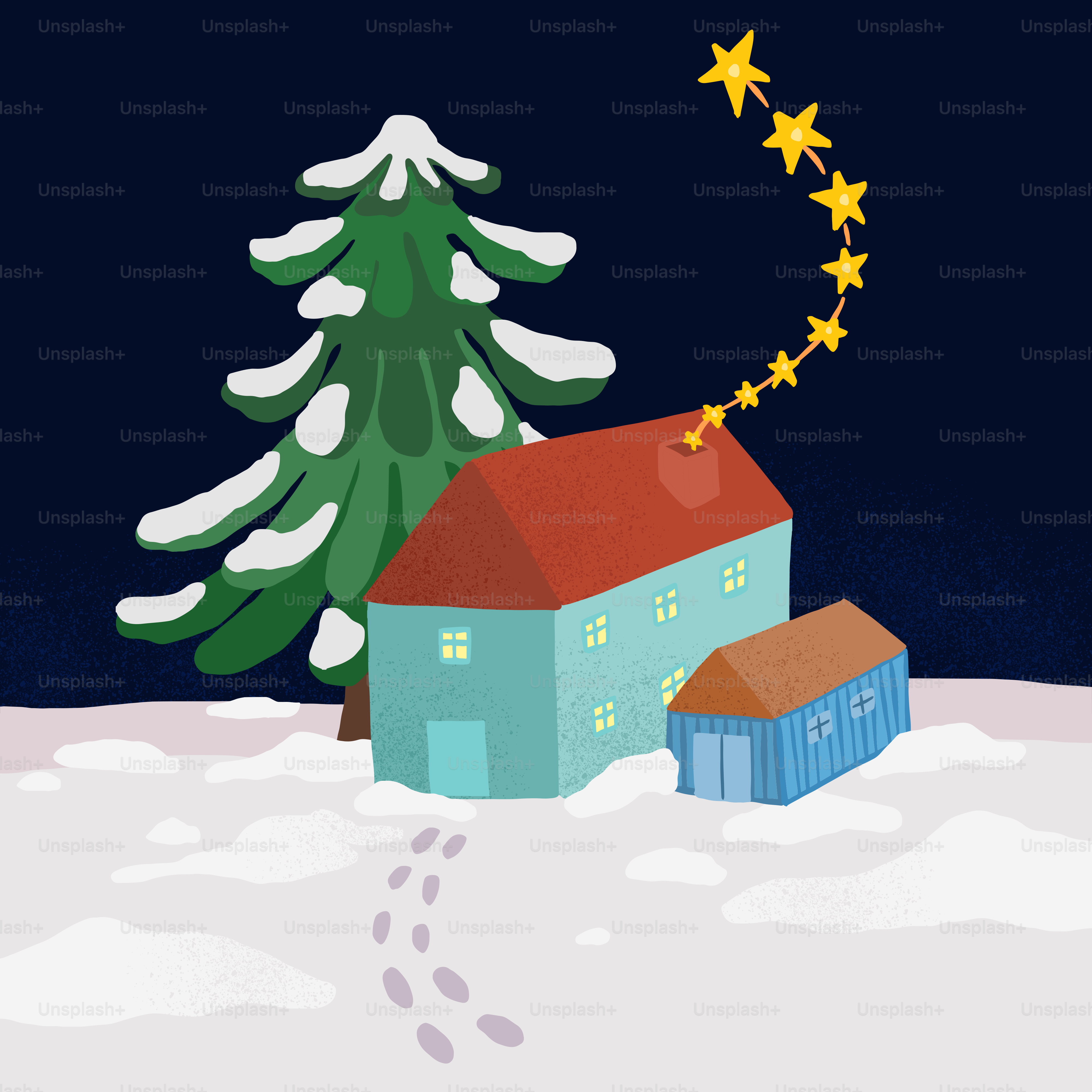 a house and a tree in the snow