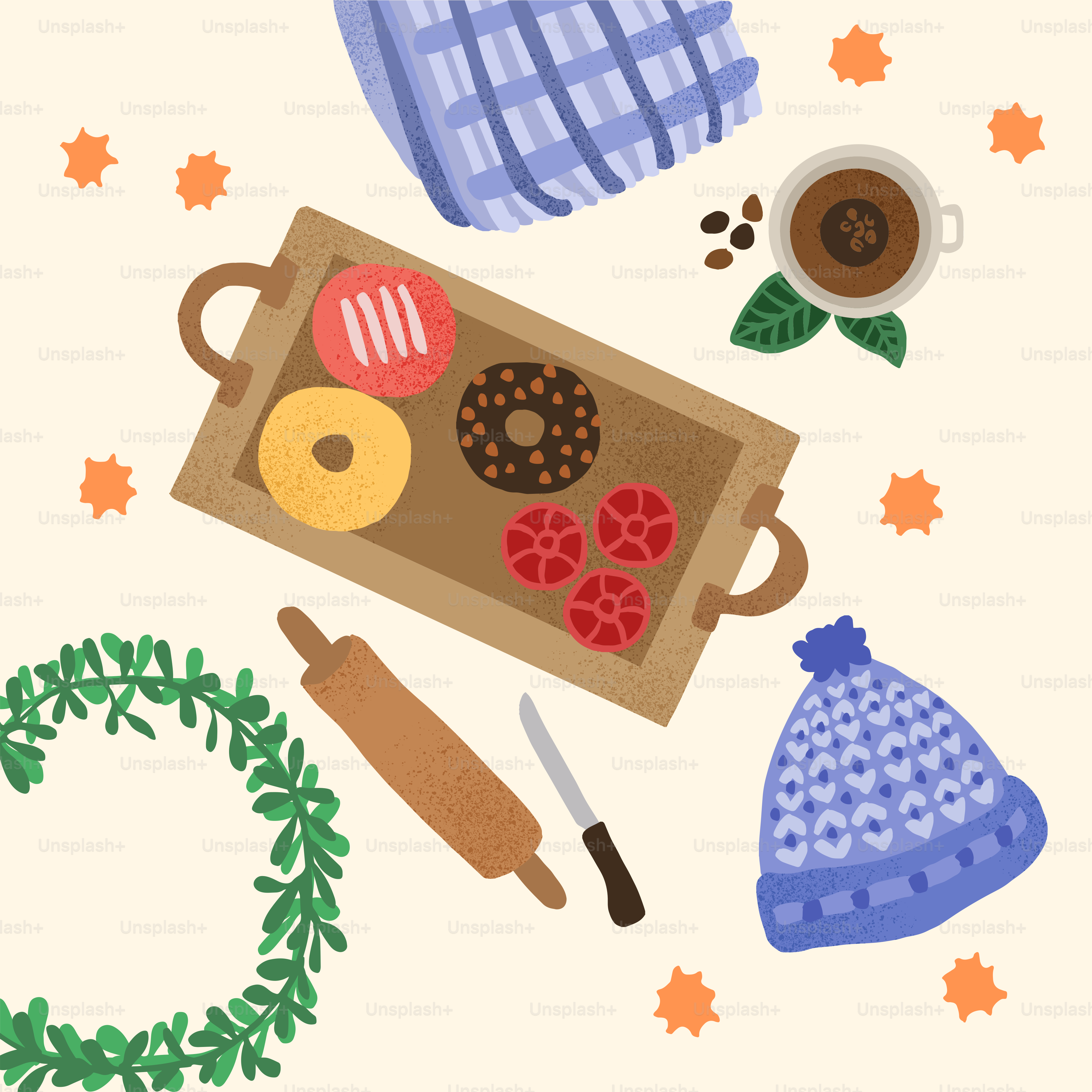 a box of donuts, a knitted hat, a knife, and a