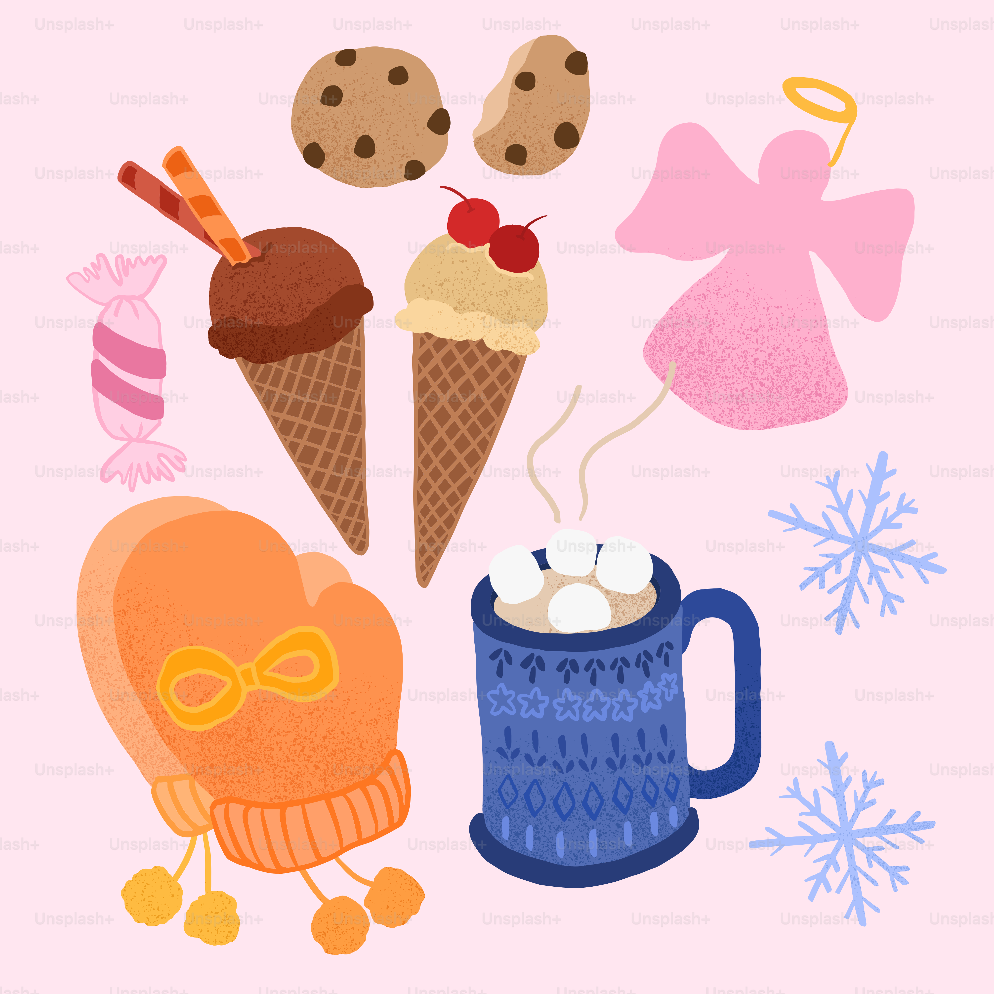 a cup of hot chocolate, an ice cream cone, a cookie, and a