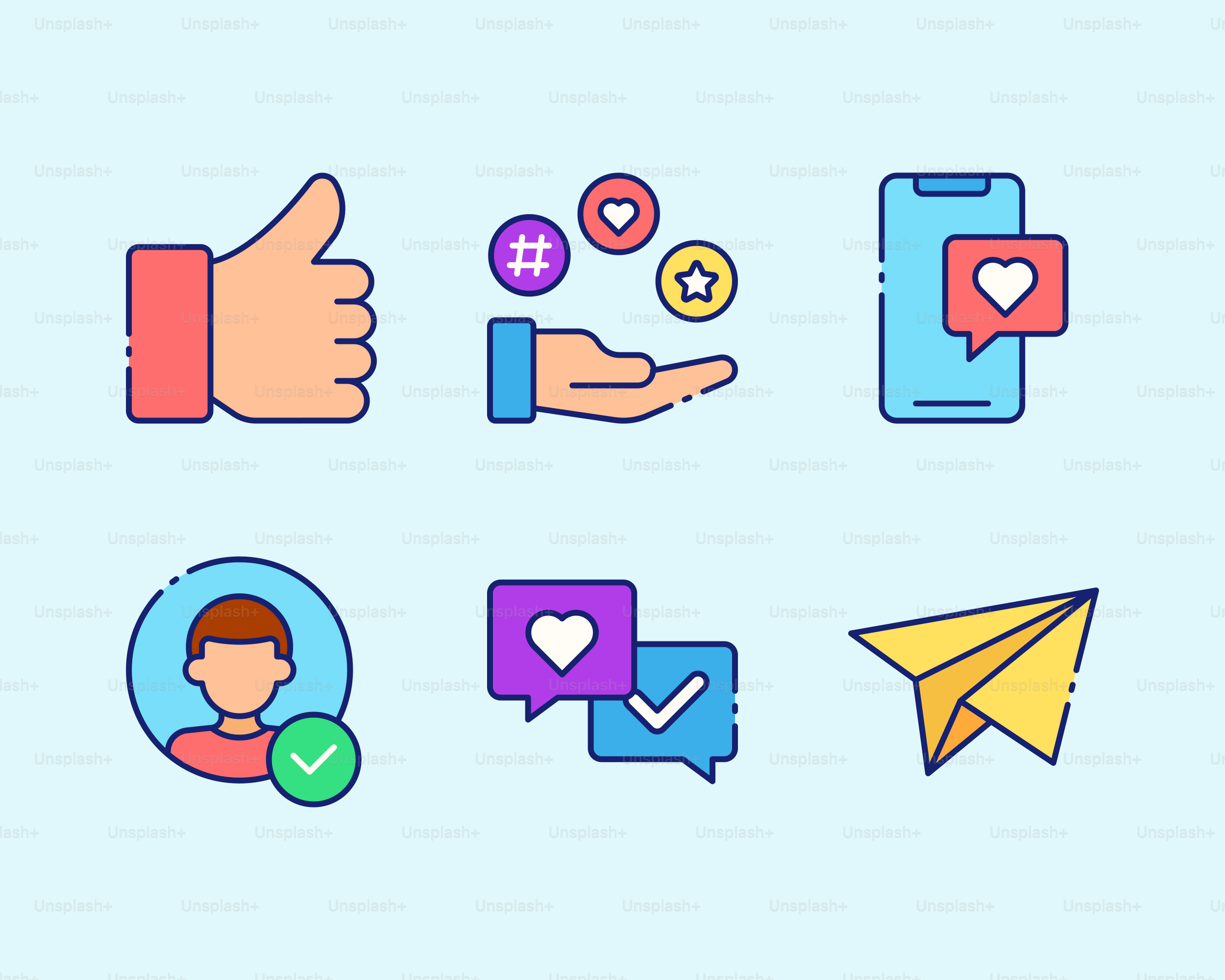 a hand with a paper plane, a hand with a phone, a hand with