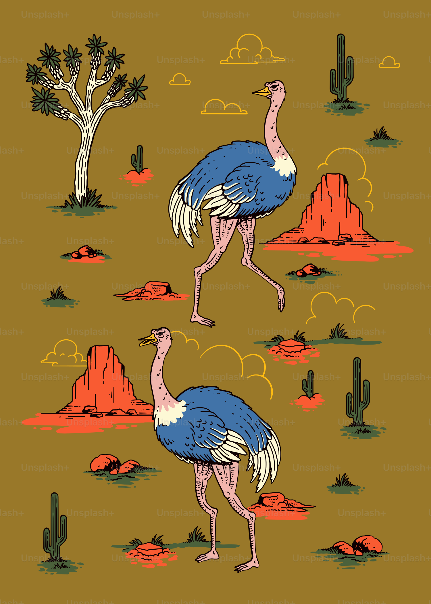 a drawing of two birds in the desert