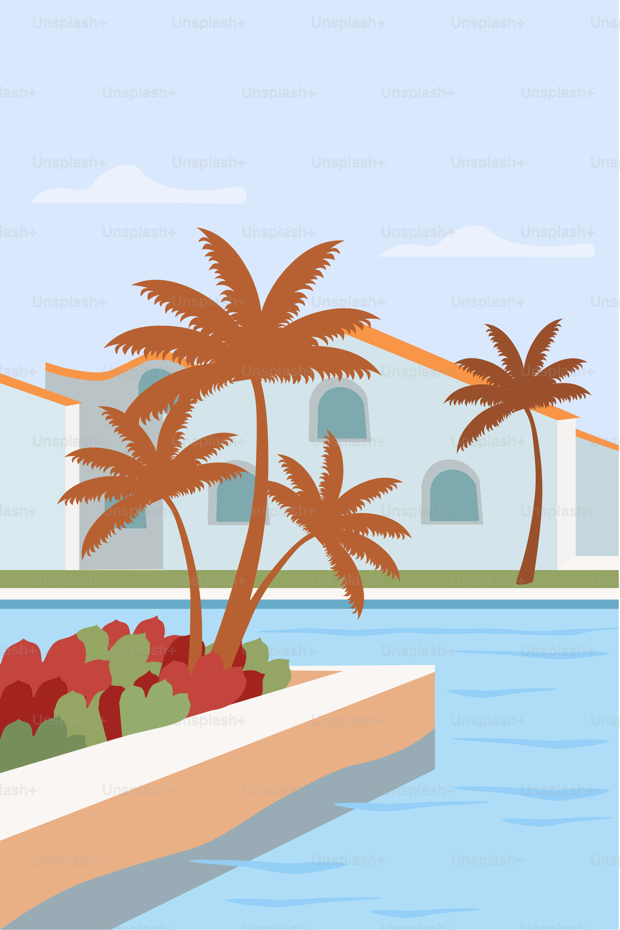 a palm tree next to a body of water