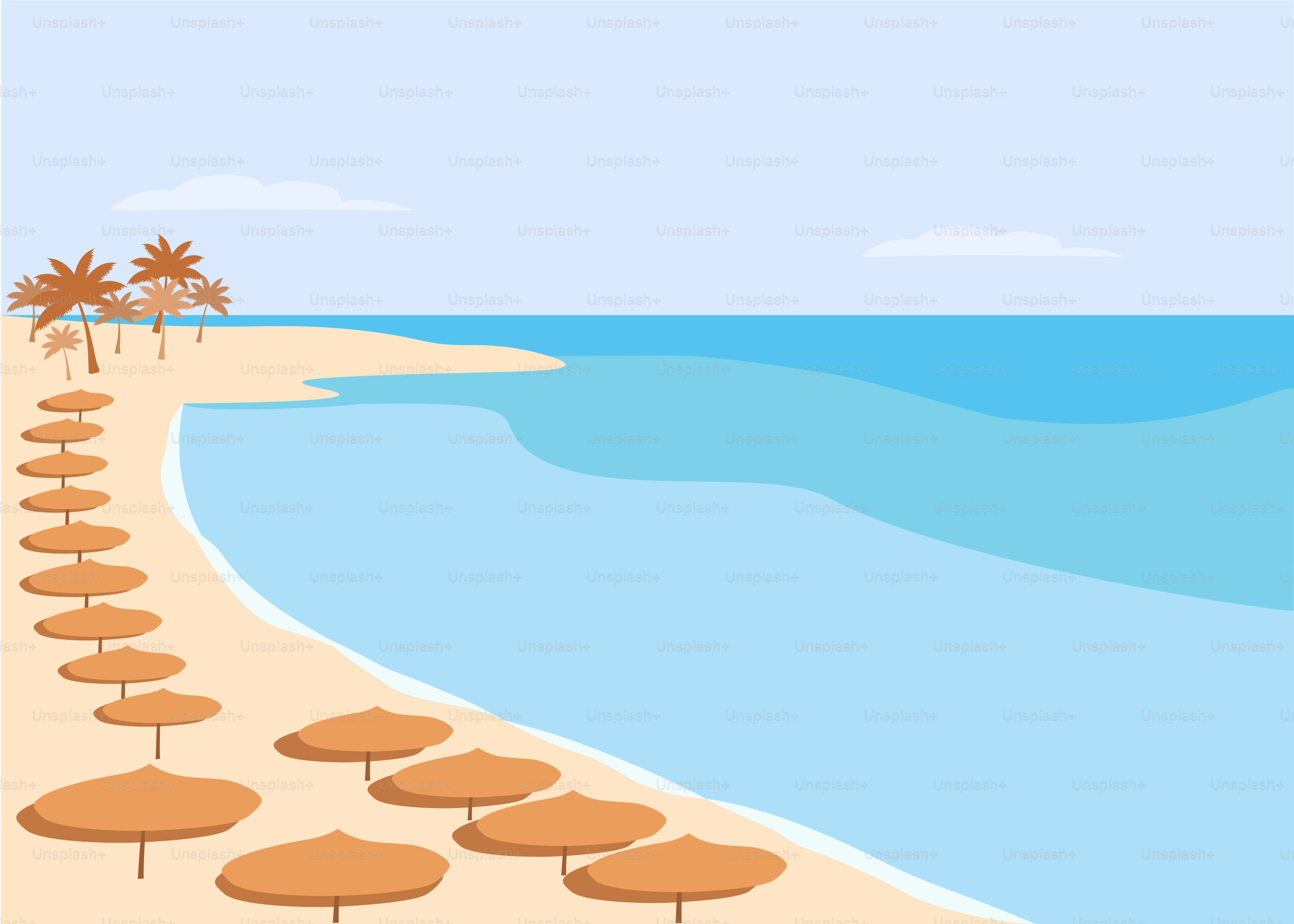 a beach with umbrellas and palm trees