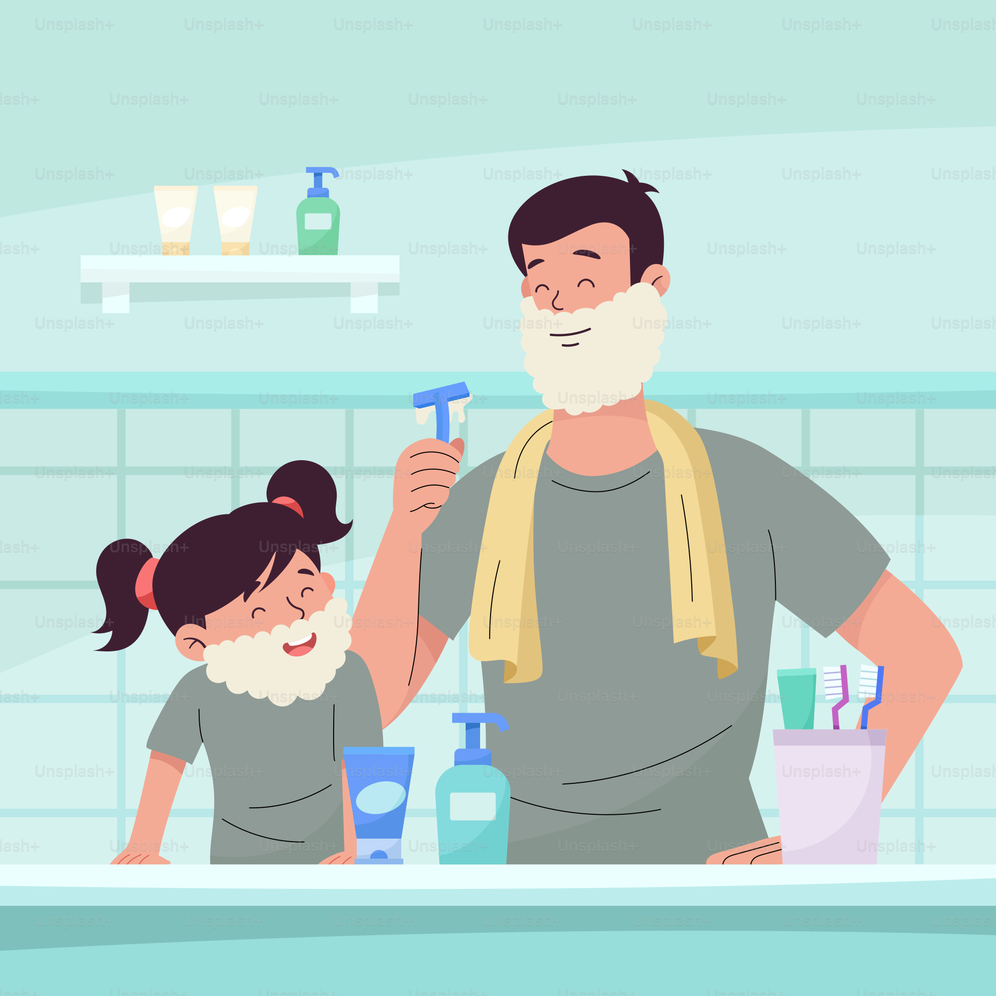 a man with a beard is shaving his daughter's hair