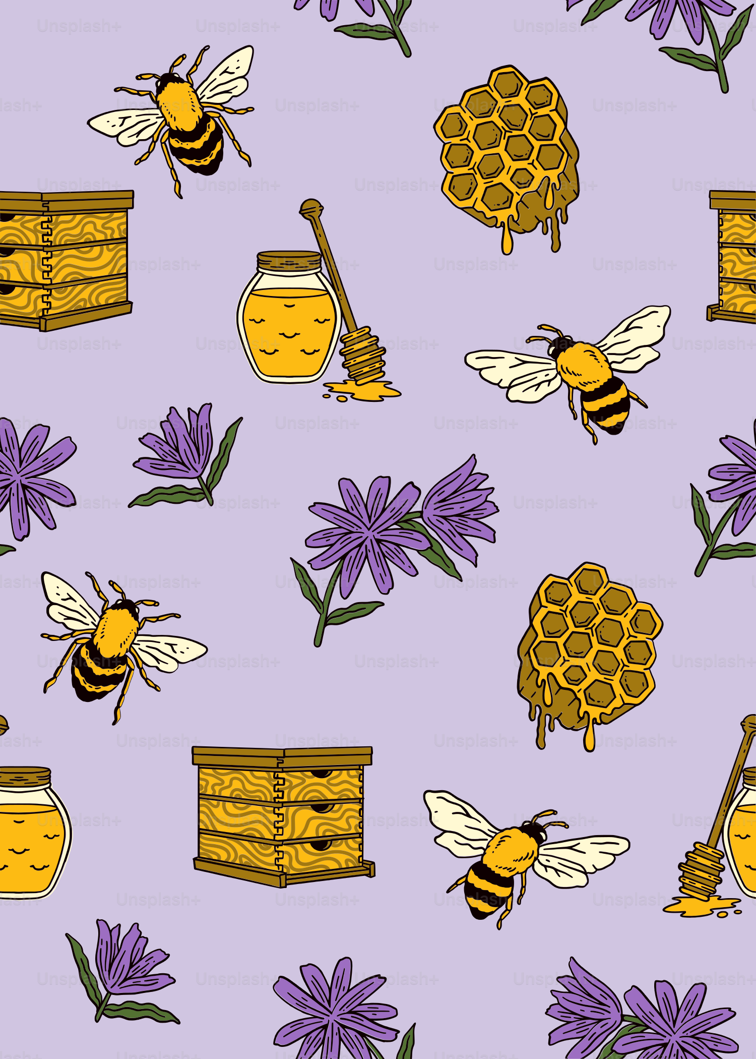 a pattern of bees and honeycombs on a purple background