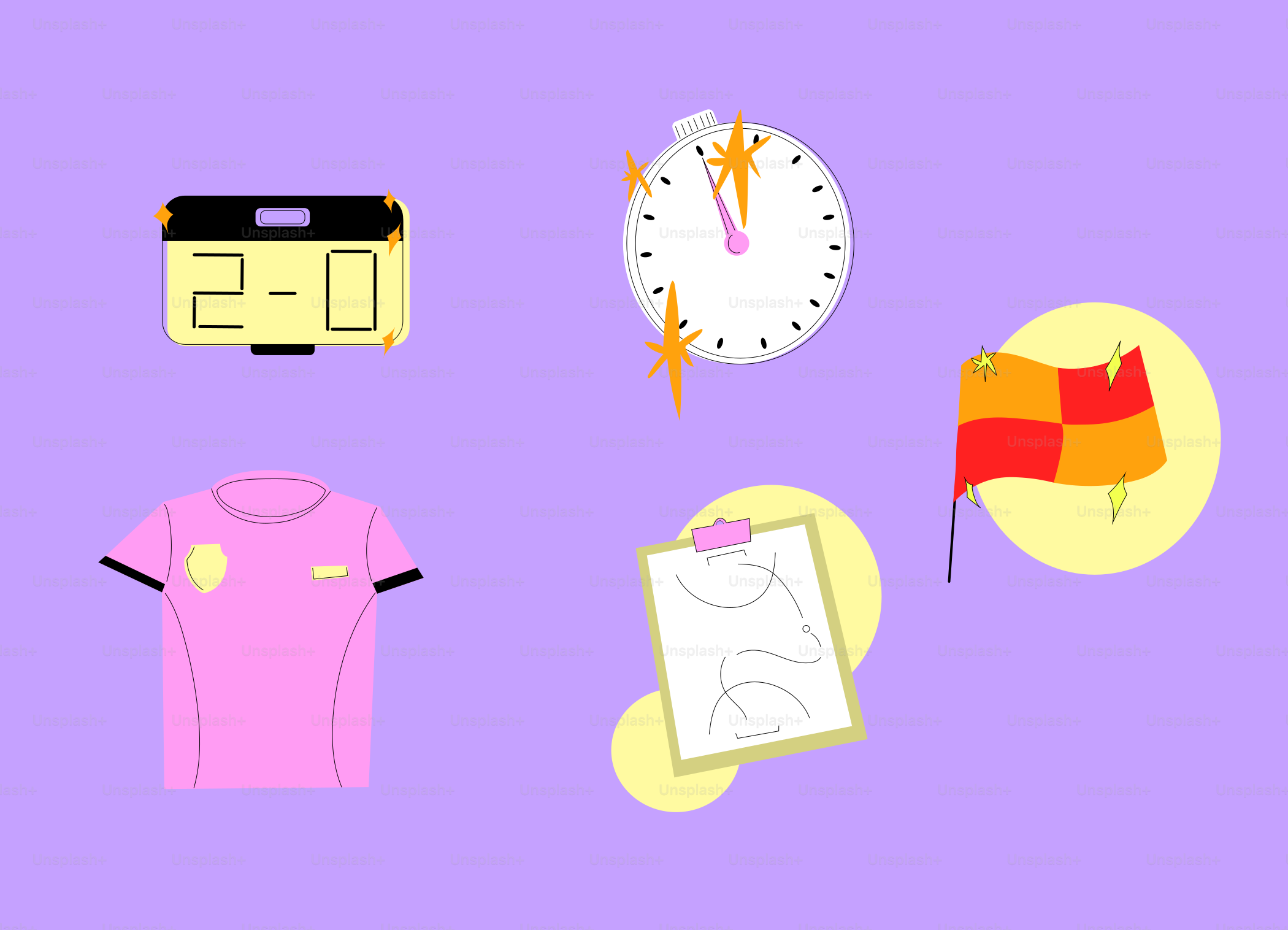 a group of different items on a purple background