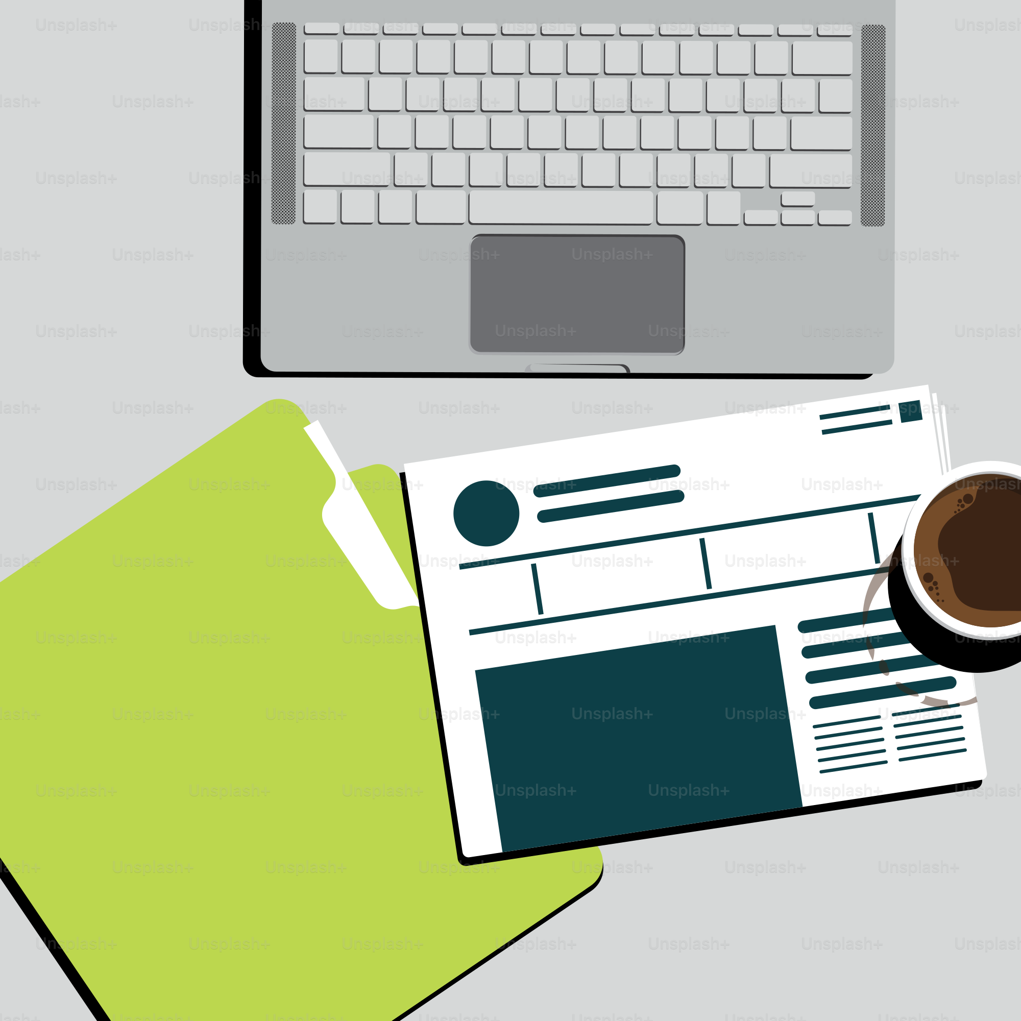 a cup of coffee next to a newspaper and a laptop